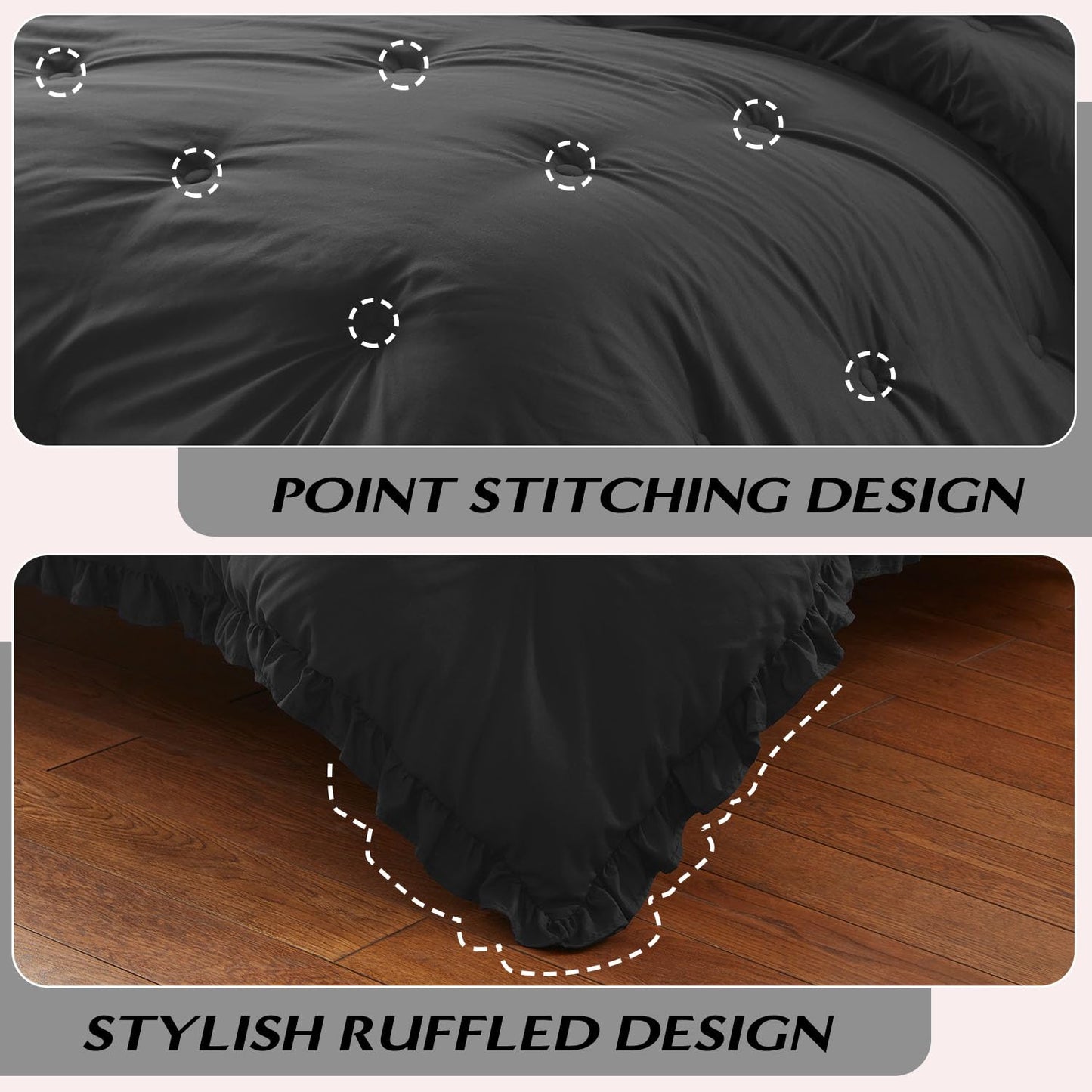 HARBOREST Queen Comforter Ruffle Black, Fluffy Queen Bedding, 3 Pieces Shabby Chic Comforter Set(1 Comforter & 2 Pillow Shams)