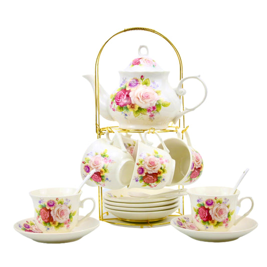 20-Pieces Porcelain Bone china Tea Sets,Gold Rim Coffee Set with Golden Metal Rack,Tea Gift Sets for Home&Party (008)