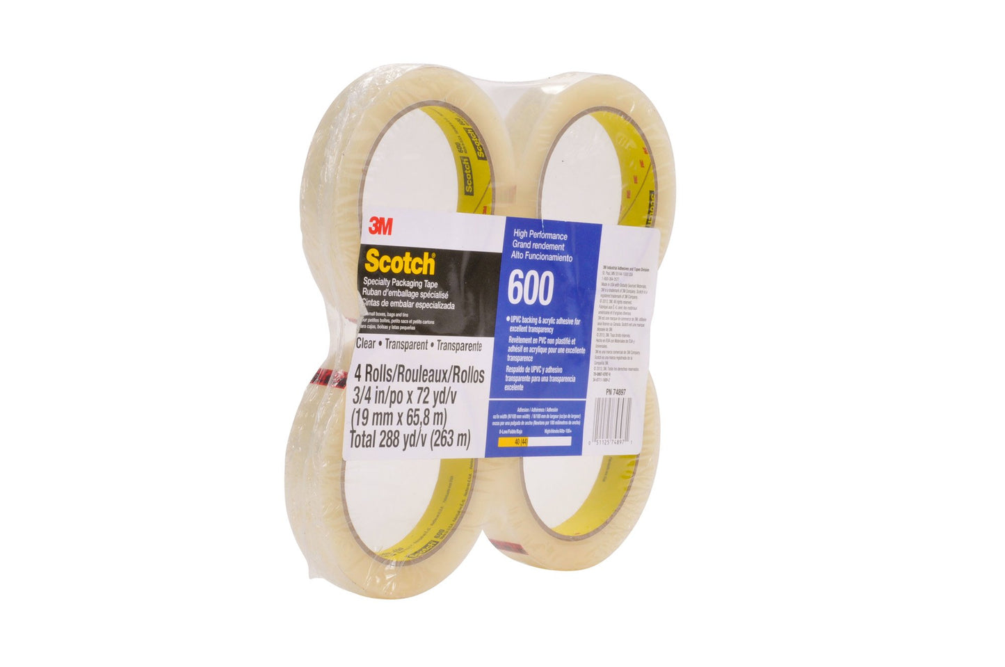 3M Scotch Light Duty Packaging Tape 600 Clear High Clarity, 3/4 in x 72 yd