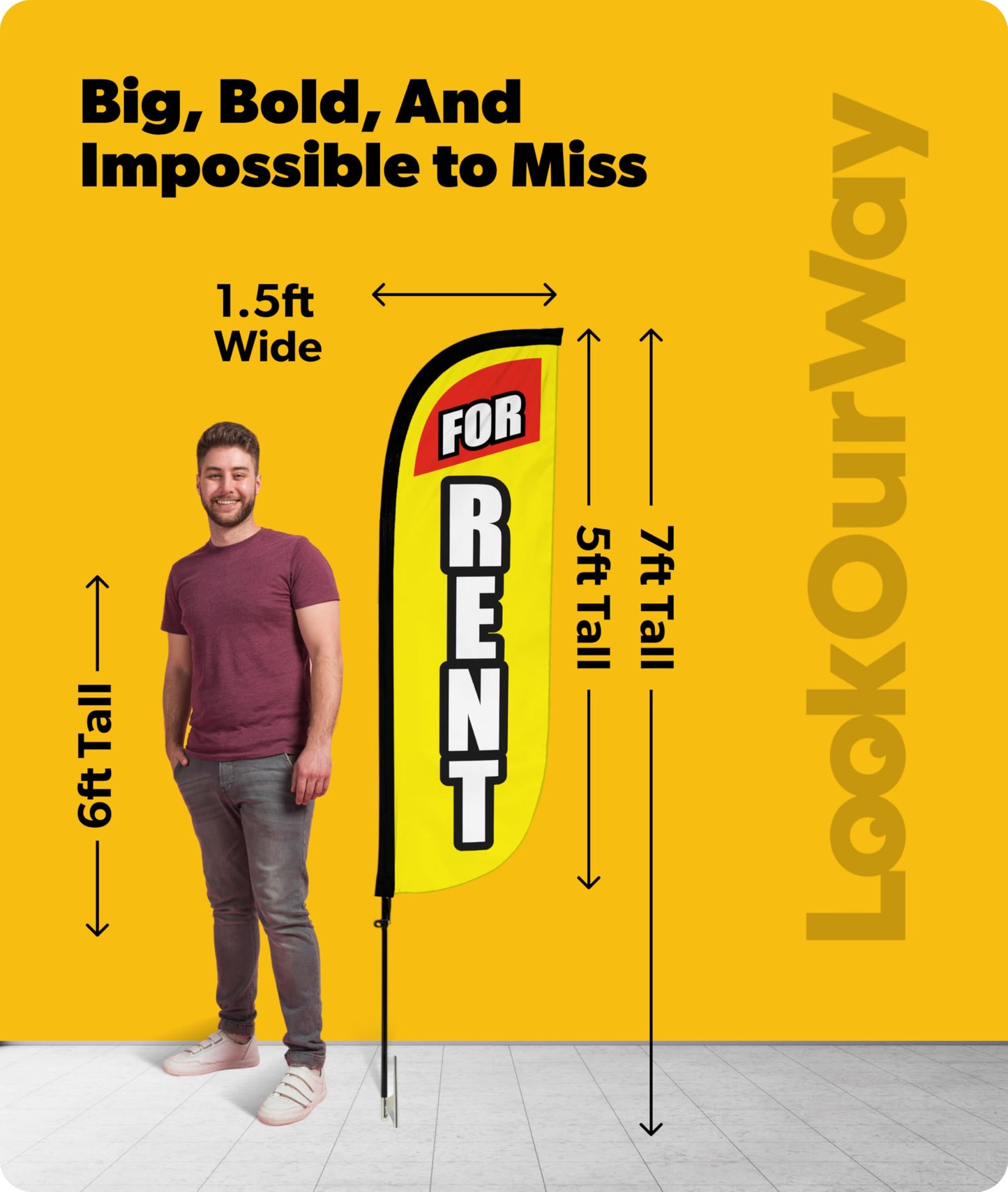 LookOurWay Feather Flag Pole Kit - 7 Feet Tall Advertising Banner with Fiberglass Pole Set and Ground Spike for Business Promotion - Real Estate Flags - For Rent