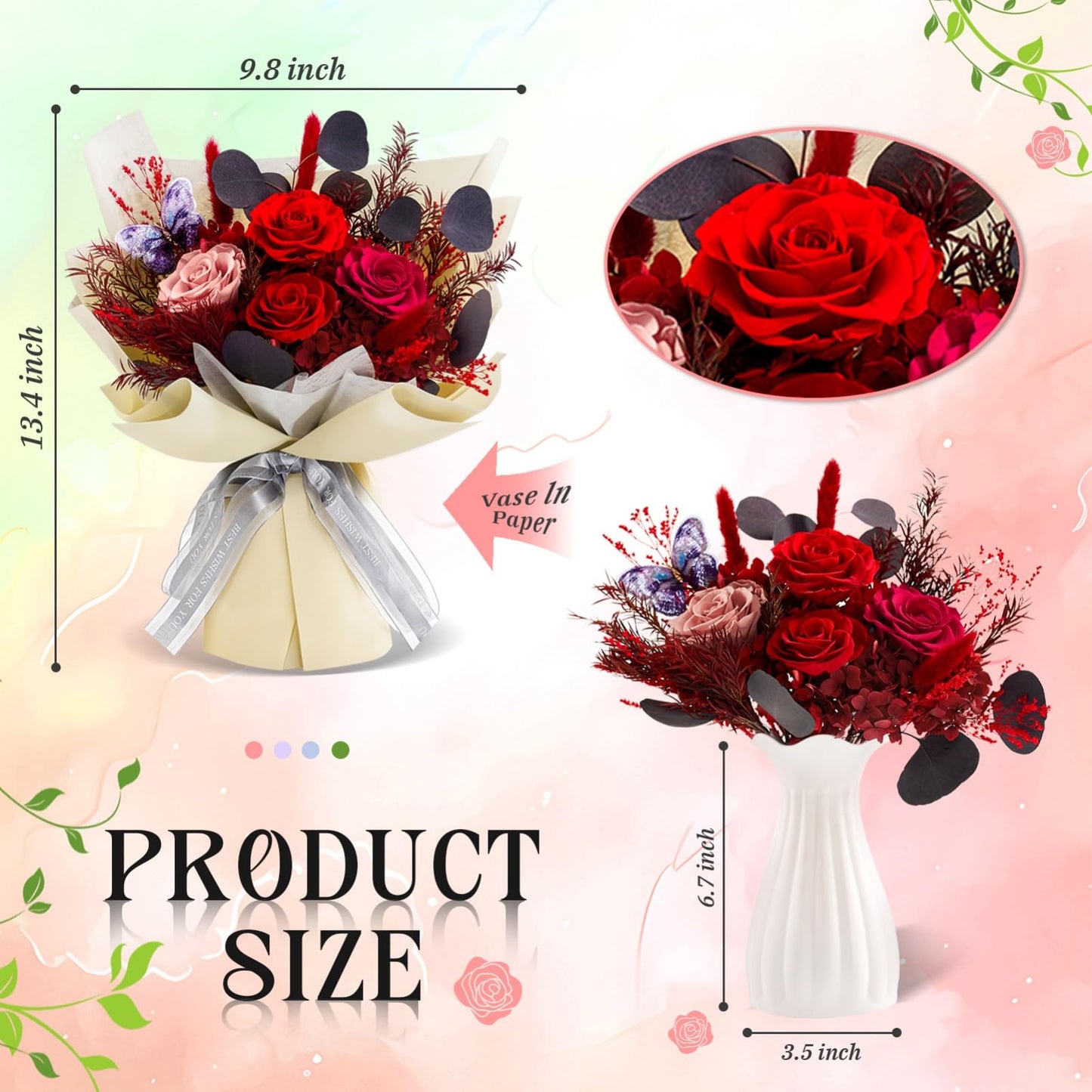 Preserved Flowers Bouquet Roses with Vases,Real Birthday Flowers for Delivery Prime,Forever Glitter Rose Bouquets Kit,Handmade Eternal Rosas Butterfly Gifts for Mom Birthday Women Girl (Red)