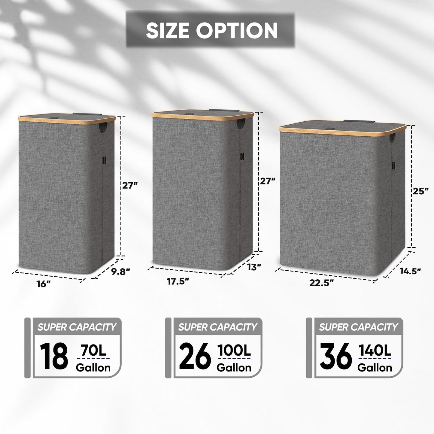 BALEINE Laundry Hamper with Lid, Tall Laundry Baskets with Bamboo Pull Handles, Large Laundry Bin with Internal Support (26 Gal/100L, Grey)