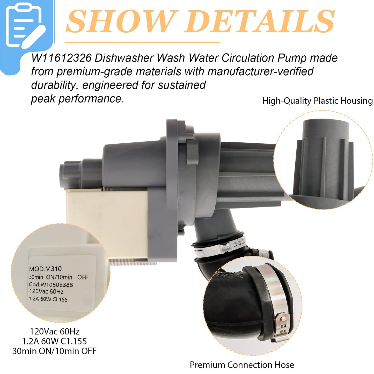 W11612326 W11521435 Dishwasher Circulation Pump Replacement Parts, Fit for Whirlpool Kenmore WDF520PADM7 WDF330PAHS0 WDF320PADS3 WDF110PABB5 WDF110PABS5 WDF120PAFB0 66513002N511 66513802N710 Etc.