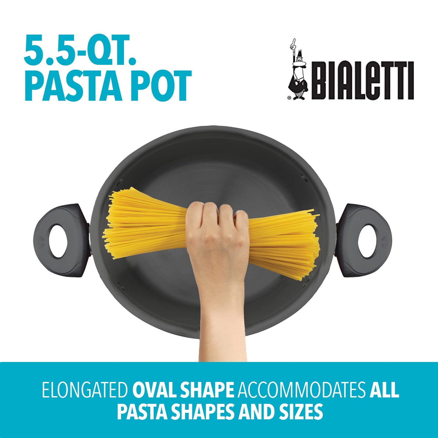 Bialetti 5.5-Quart Nonstick Aluminum Pasta Pot with Strainer Lid and Handles, PFOA-Free Nonstick Oval Cooking Pot and Lid, Black