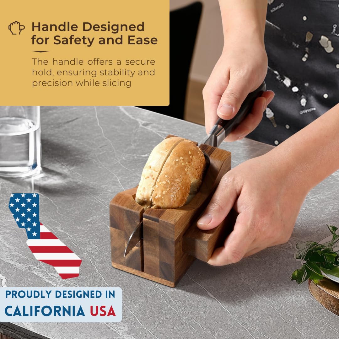 Annie & Mia Design Premium Acacia Wood Bagel Slicer For Large Bagel Stylish Hand Crafted Wood Bagel Cutter With Ergonomic Designed Handle Grip