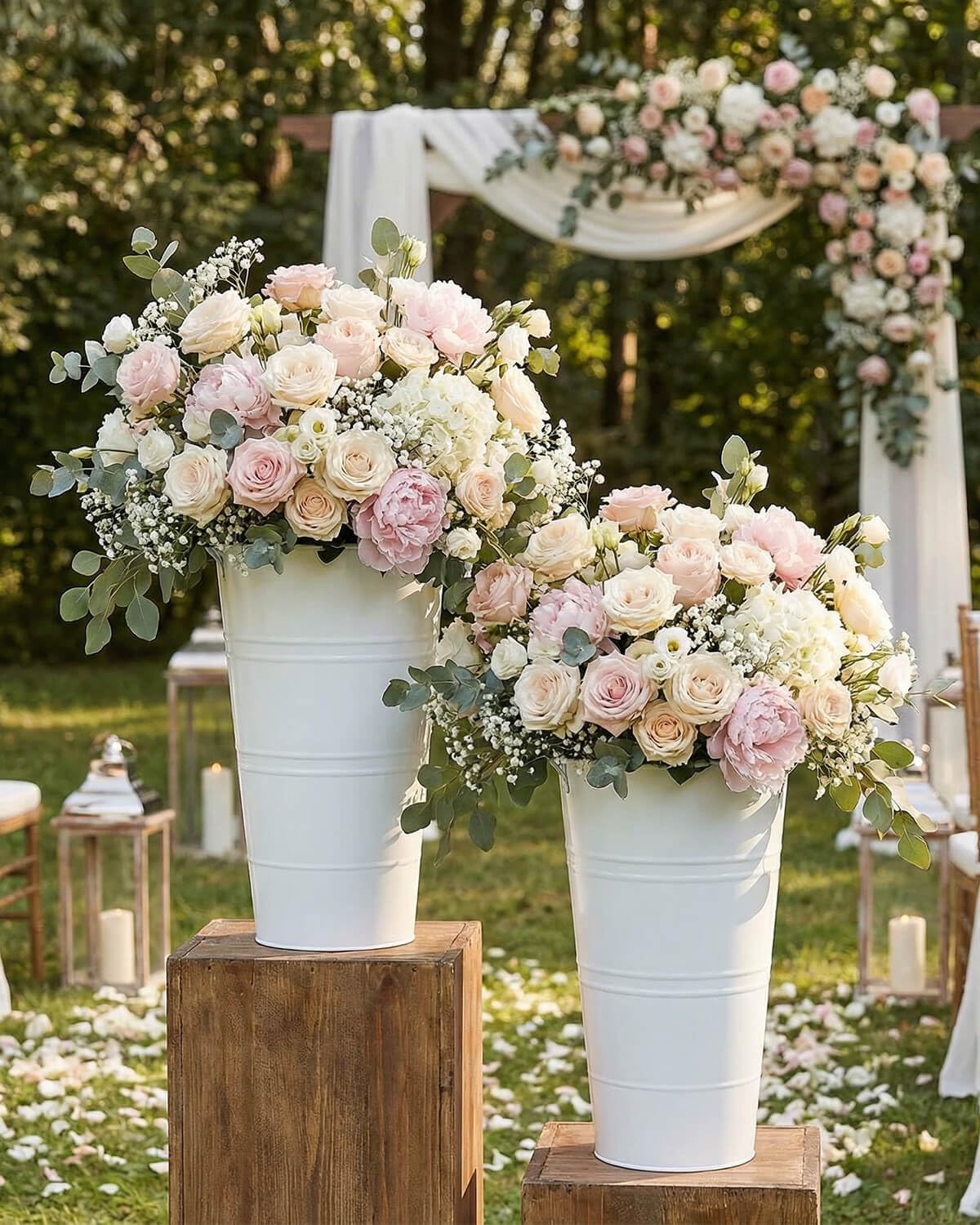 vensovo 12 Inch Galvanized Metal Vases for Flowers - 6 Pcs Farmhouse Decorative Tall Flower Bucket with Handles, Rustic French Tin Planter Buckets for Wedding Decor (Pure White)