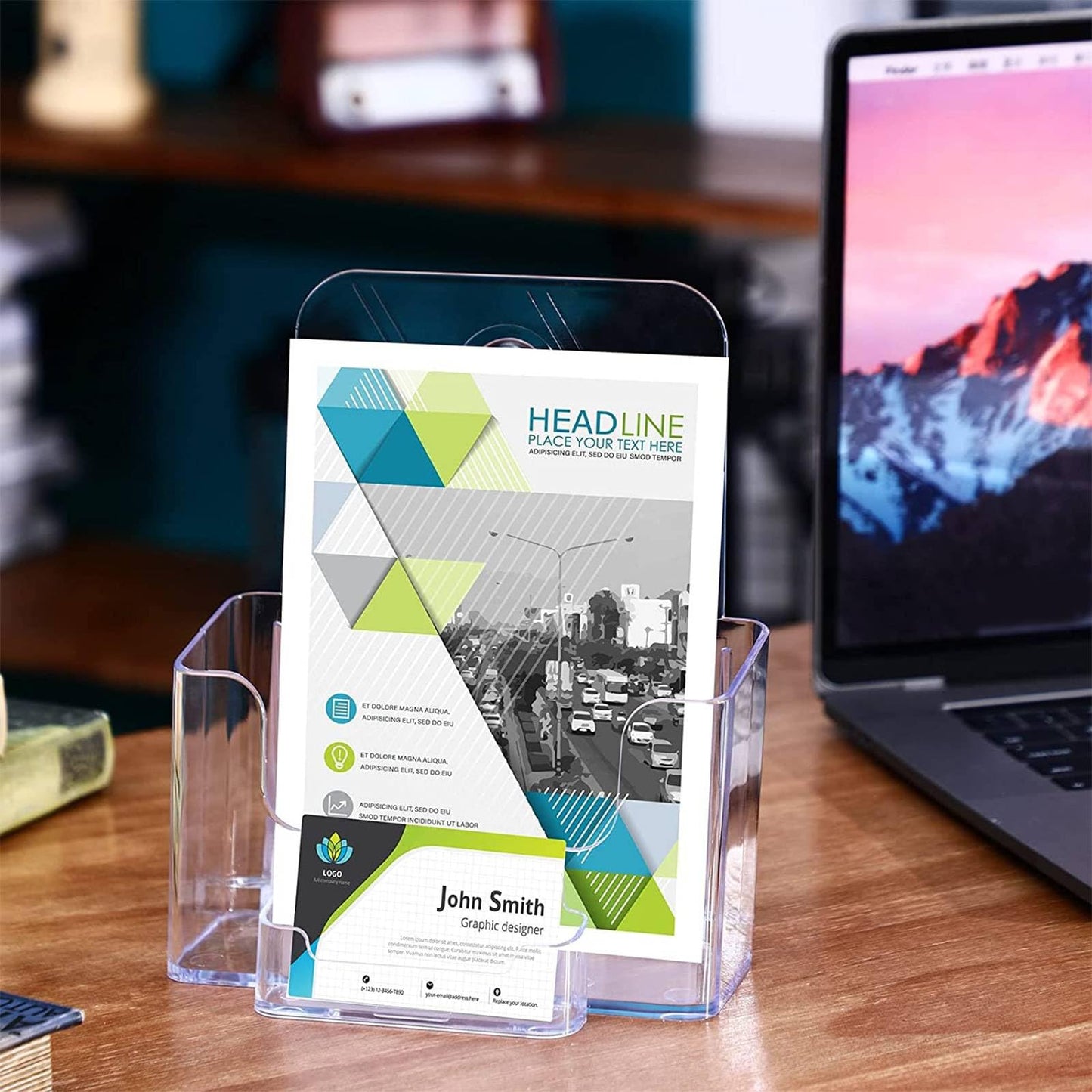 Remerry 8 Set 6.5 Inch Acrylic Brochure Holder with Business Card Pocket, Wide Bifold Clear Brochure Display Stand Flyer Holder for Pamphlet Literature Magazine Booklet, Desk or Wall Mount Display
