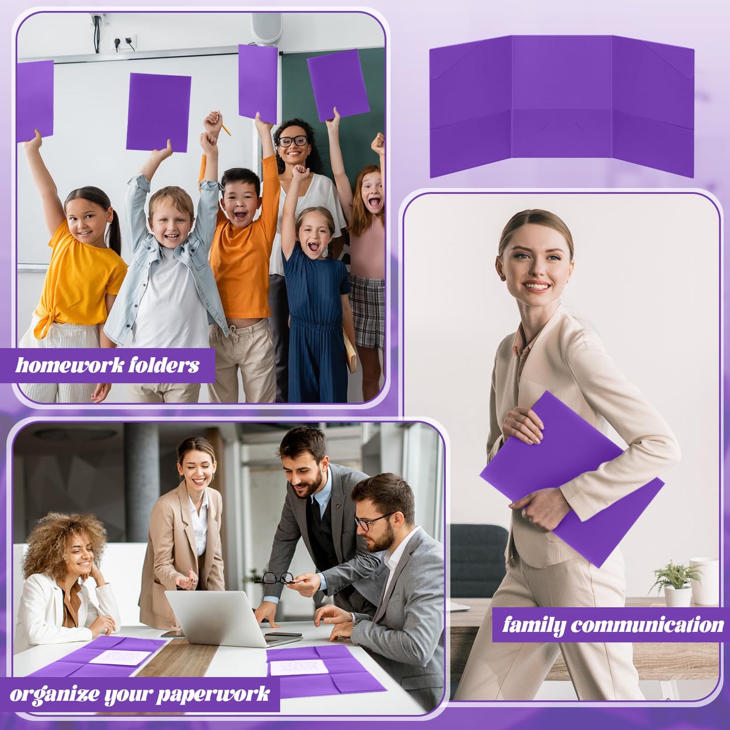 Tenceur 48 Pcs Plastic 3 Pocket Folders, Tri Fold School Folders Bulk for Students Teachers Classroom and Office, Durable Pocket Folder for Back to School Supplies (Purple)