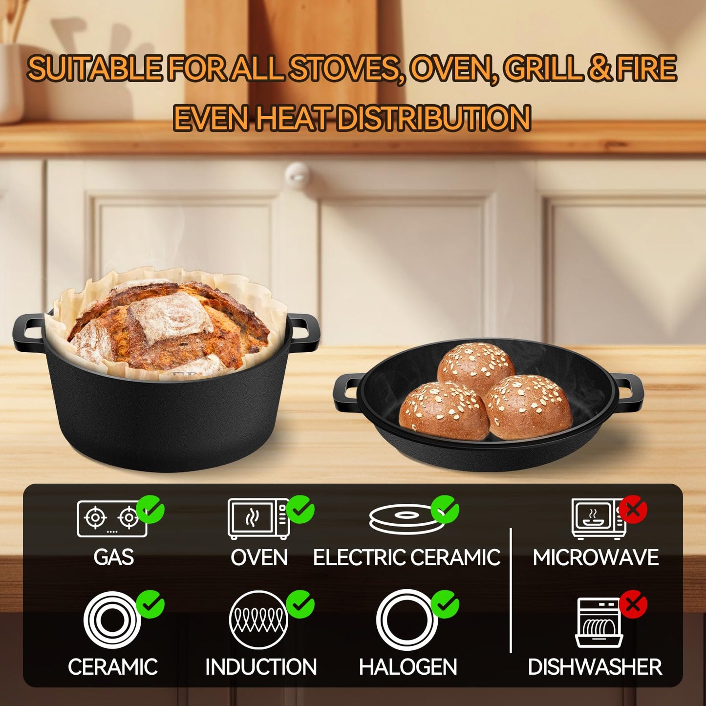 Cast Iron Dutch Oven for Bread Baking, Banneton Bread Proofing Basket Sourdough Bread Baking Supplies, 2-in-1 Dutch Oven Pot with Skillet Lid Cooking Pan Handles Lame, 5QT