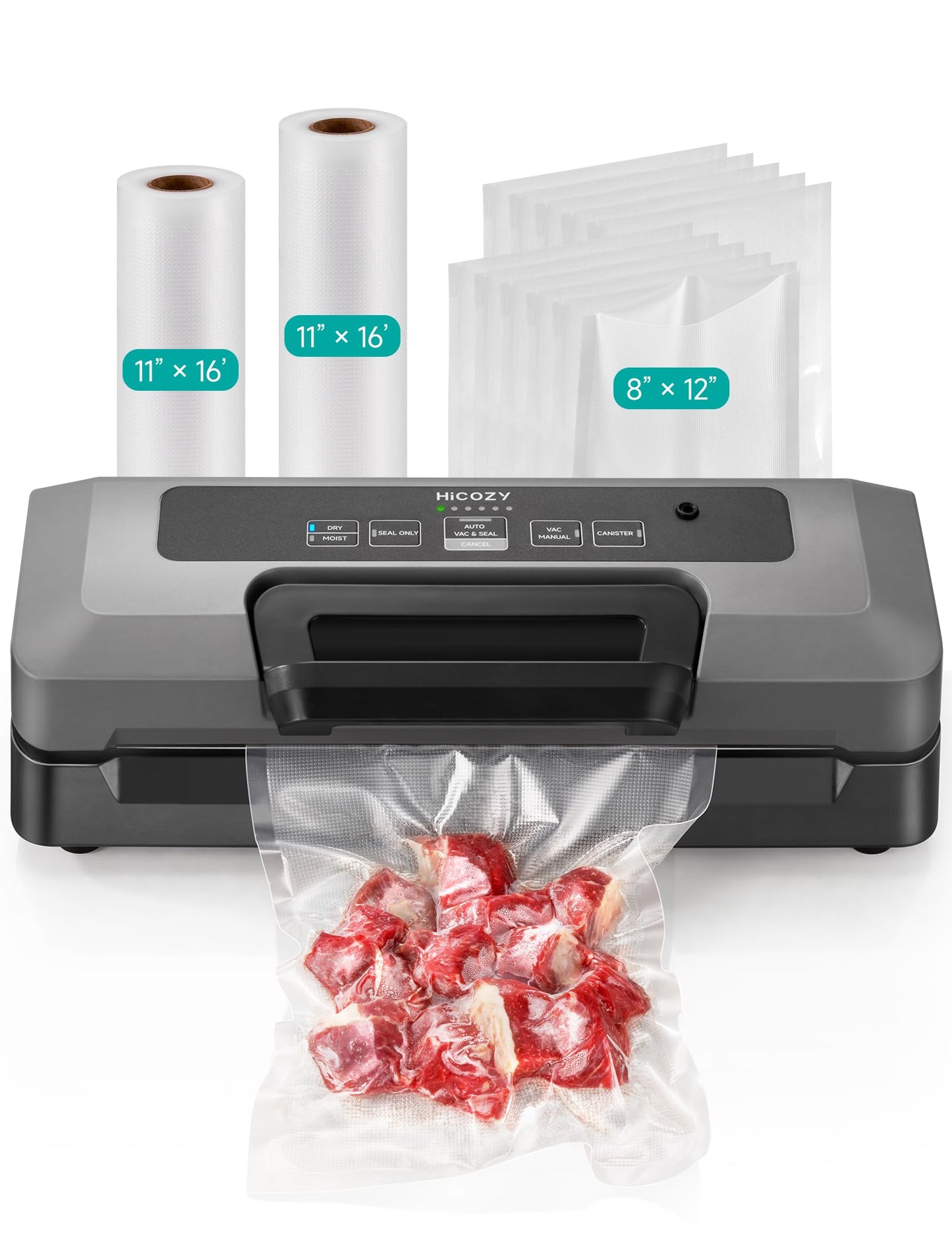 HiCOZY Vacuum Sealer for Food, Powerful Heat Food Sealer, Dry Moist 7-1 Multiple Automatic Modes, Easy-Lock Handle, Compact Design with 10 Vacuum Bags & 2 Bag Rolls, Bag Cutter Included, Space Gray