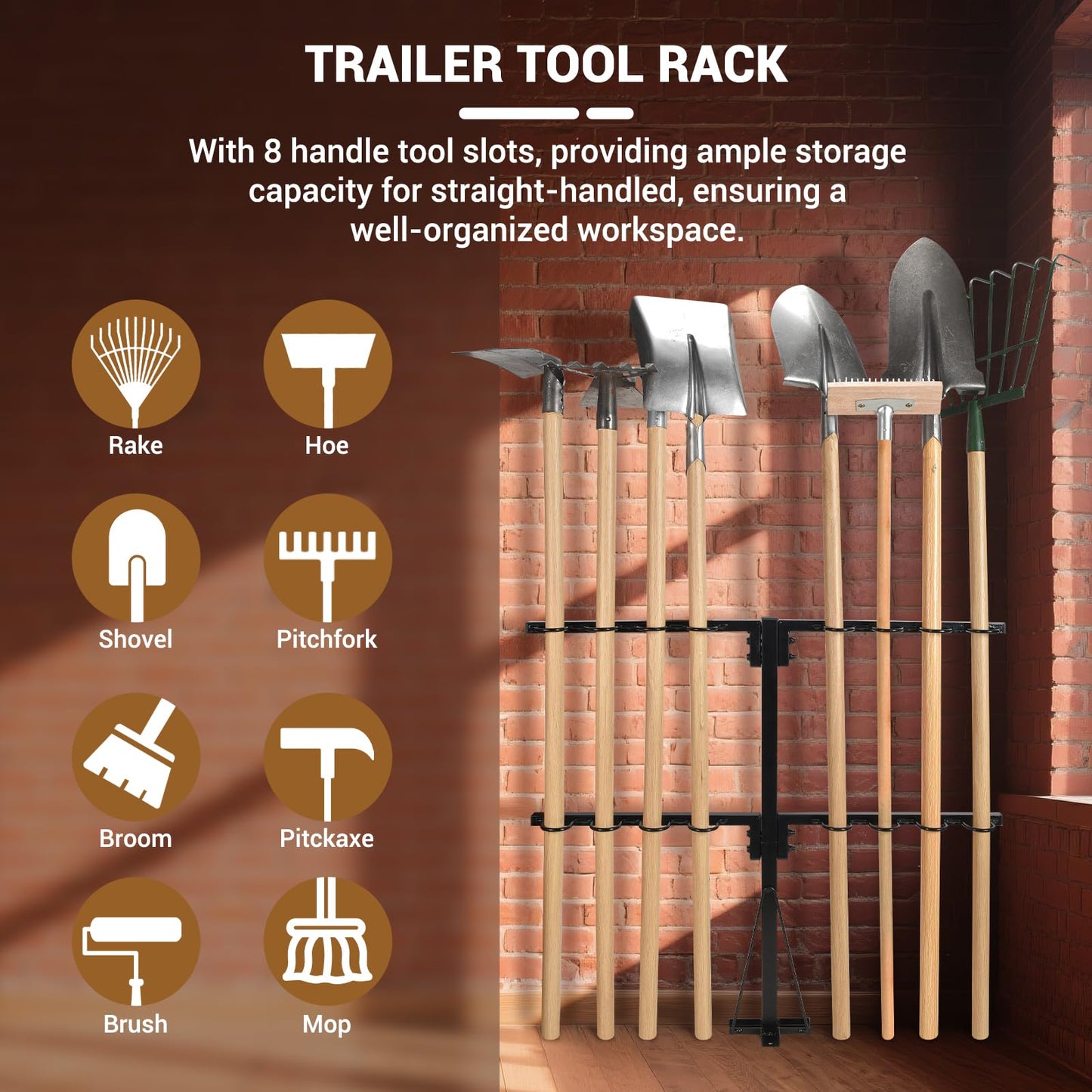 AugFir Upgraded Utility Trailer Accessories Trailer Tool Rack with 8 Tool Holes, Heavy-Duty Landscape Accessories Reinforced Base Shovel Holder Handle Tool Rack for Truck