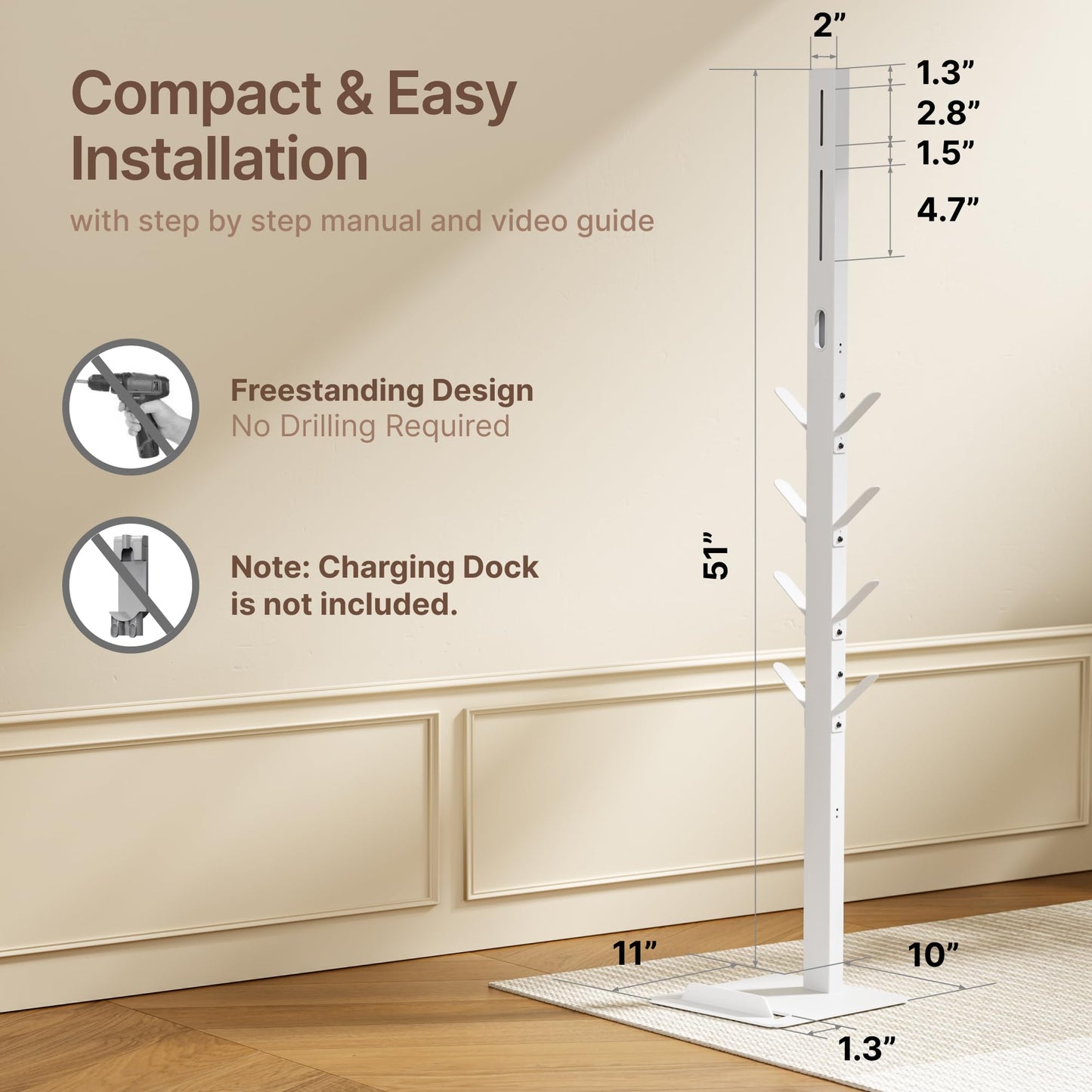 PEGZONE Vacuum Stand Compatible with Dyson G5 V15 V12 V11 V10 V9 V8 V7, S11 A10 A11, NEC180 280TL, Cordless Vacuum Holder with 8 Storage Hooks, Accessories & Attachments Organizer, White