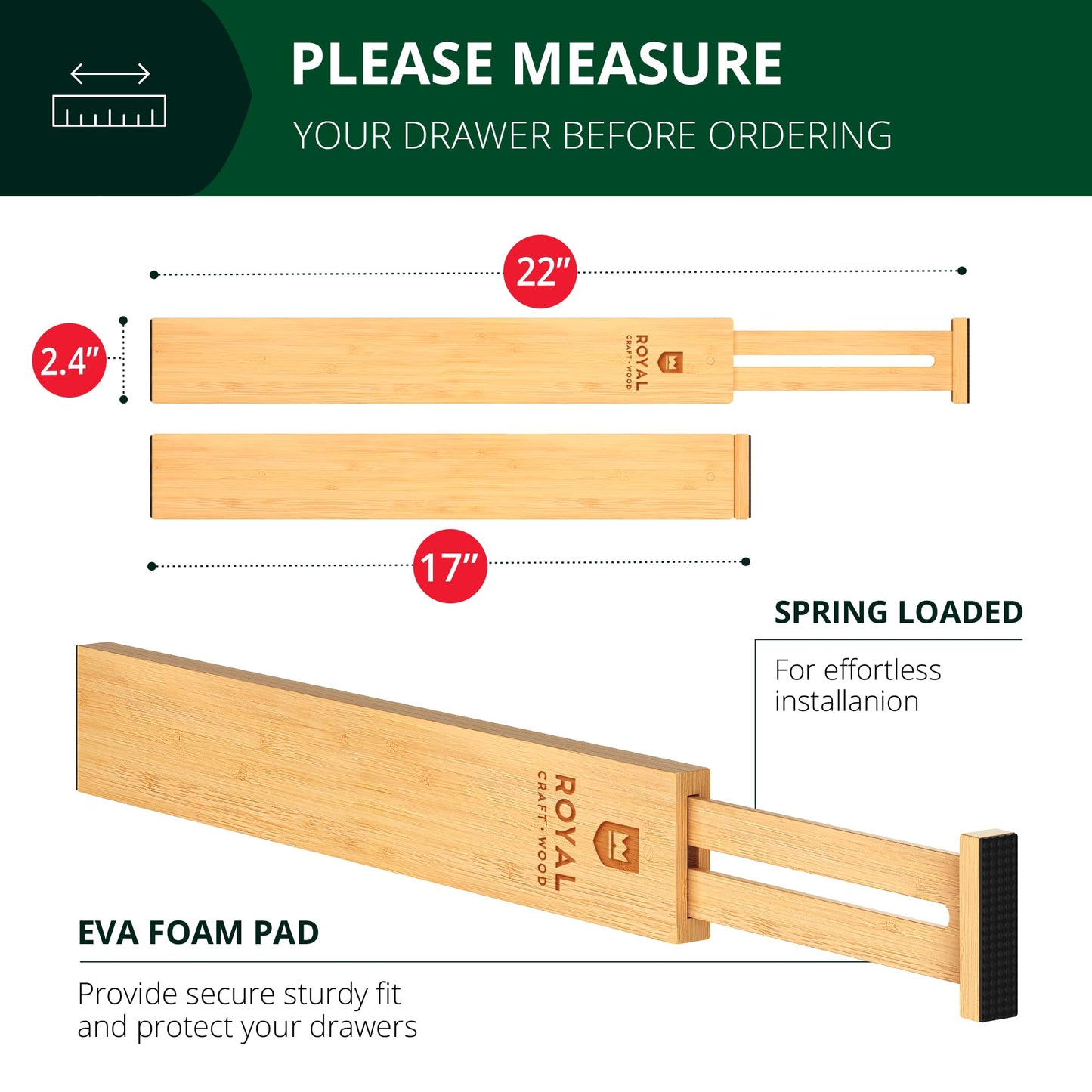 Bamboo Drawer Dividers Organizers, Adjustable Drawer Separator Splitters, 17–22 Inches Expandable Drawer Divider Organizer for Large Utensils, Kitchen, Bedroom, Dresser & Office Drawers 4-Pack