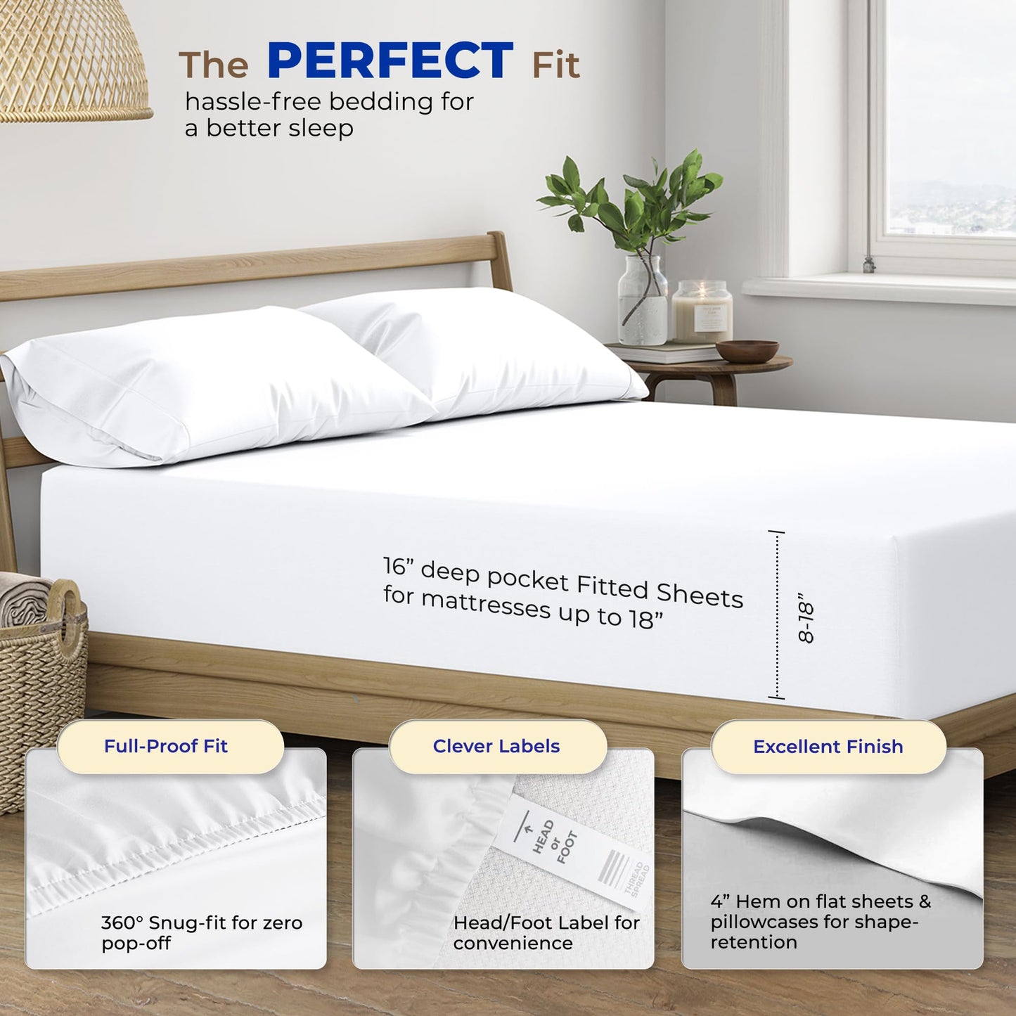 THREAD SPREAD 100% Egyptian Cotton Sheets Full Size - 600 Series Bliss Collection Sheet, 4 PC 16" Deep Pocket Full Size Sheets Sets (White), Soft Cooling Sateen Weave Cotton Hotel Luxury Sheet