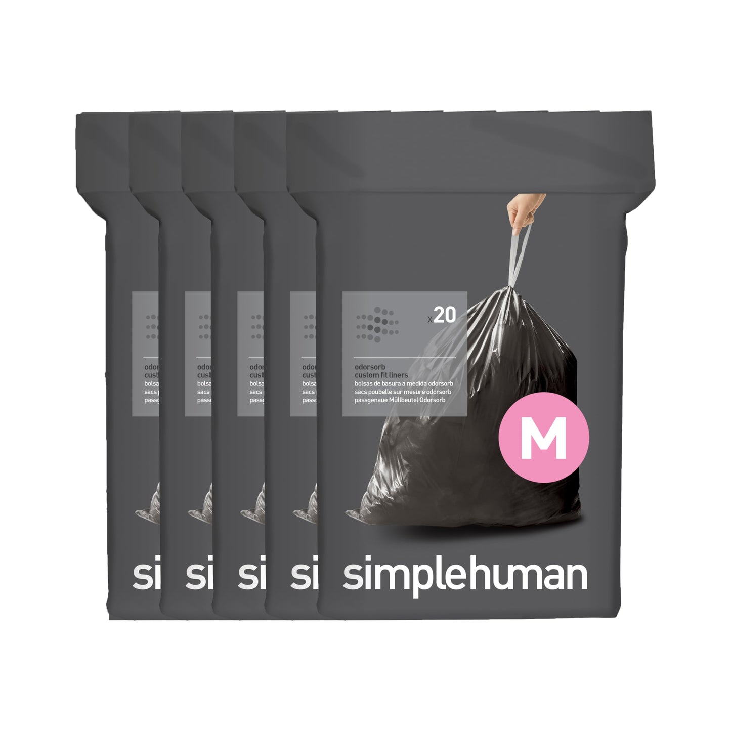 simplehuman Code M 100 Count Odorsorb® Custom Fit Liners, Drawstring Odor Absorbing Trash Bags, One-by-One Mess-Free Dispense, Extra Thick & Double Seamed, 50% PCR Plastic, 40-45 Liter / 11-12 Gallon