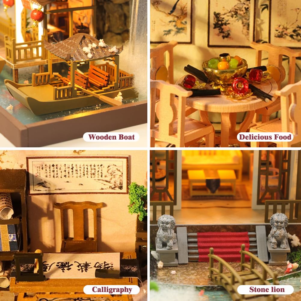 Yuzhen DIY Miniature Dollhouse with Furniture and LED Lights, Large Ancient Style Wooden Dollhouse Includes Dustcover and Music Movement