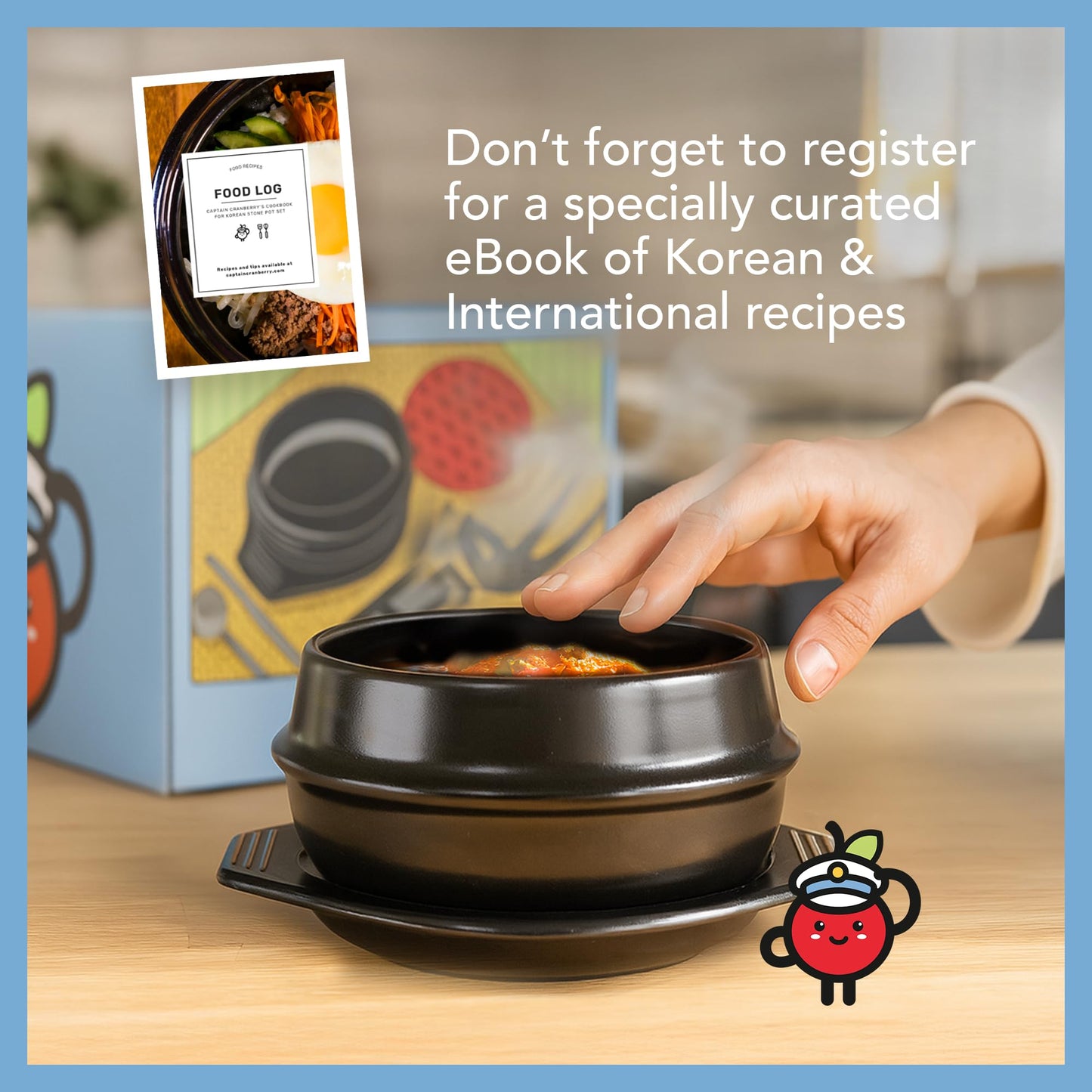 Captain Cranberry Korean Stone Pot Set (7-piece, 38.7oz with Hot Pot Grip), Ttukbaegi, Dolsot, Korean Soup Bowl, Ceramic Pots for Cooking, Soup Pot, Earthenware Claypot, Bibimbap, Ramen