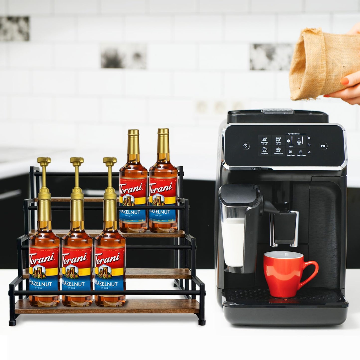 Klxuyuo 4-Tier Coffee Syrup Rack for 20 Bottles (750ml)–Sturdy Coffee Syrup Organizer Holder for Kitchen, Café, Office