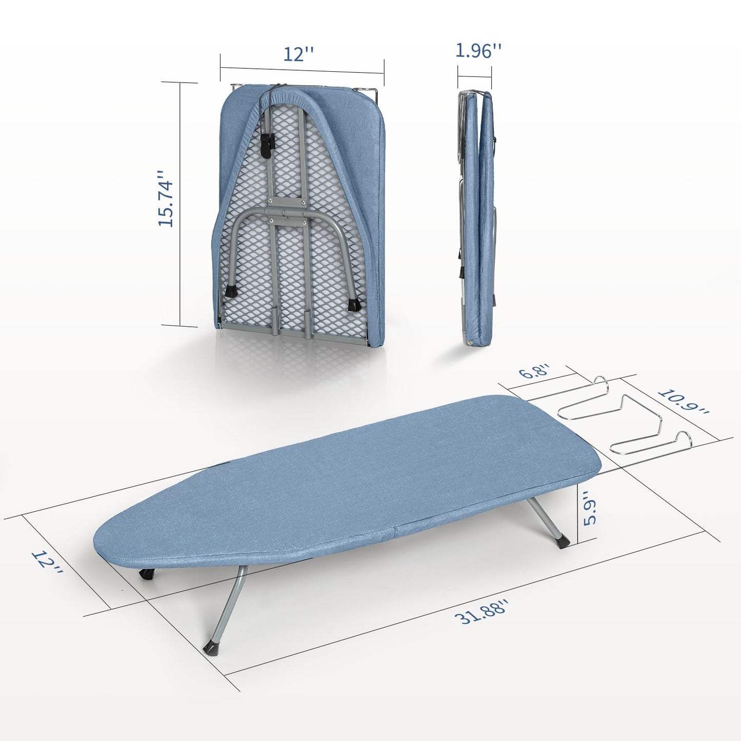 Small Ironing Board Tabletop with Cover and Pad, BlissBoard Mini Folding Iron Board Portable with Non-Slip Feet, Compact Ironing Table for Travel, 31"x12", Blue
