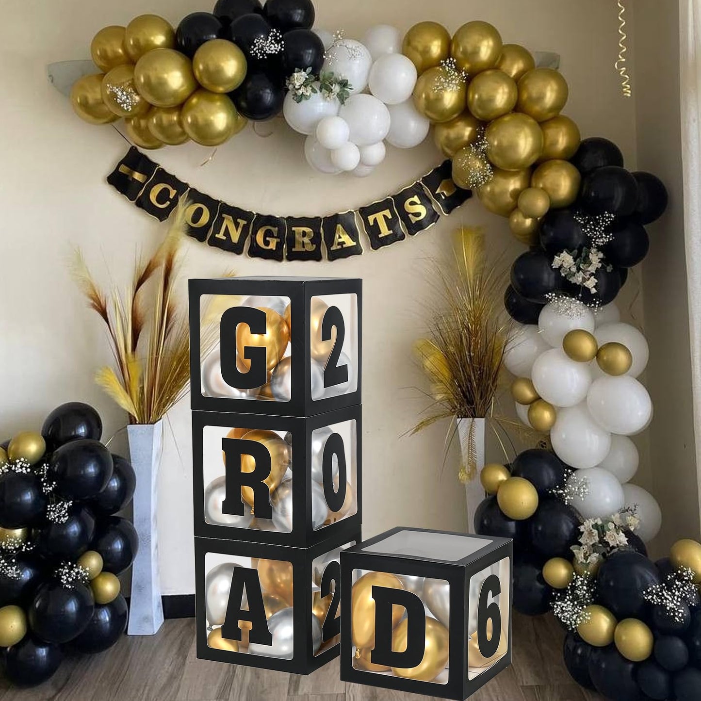 2026 Graduation Decorations - 4Pcs Black Balloon Boxes with Letters 2026&Grad for Preschool Kindergarten Middle High School College Graduation Party Decorations Class of 2026