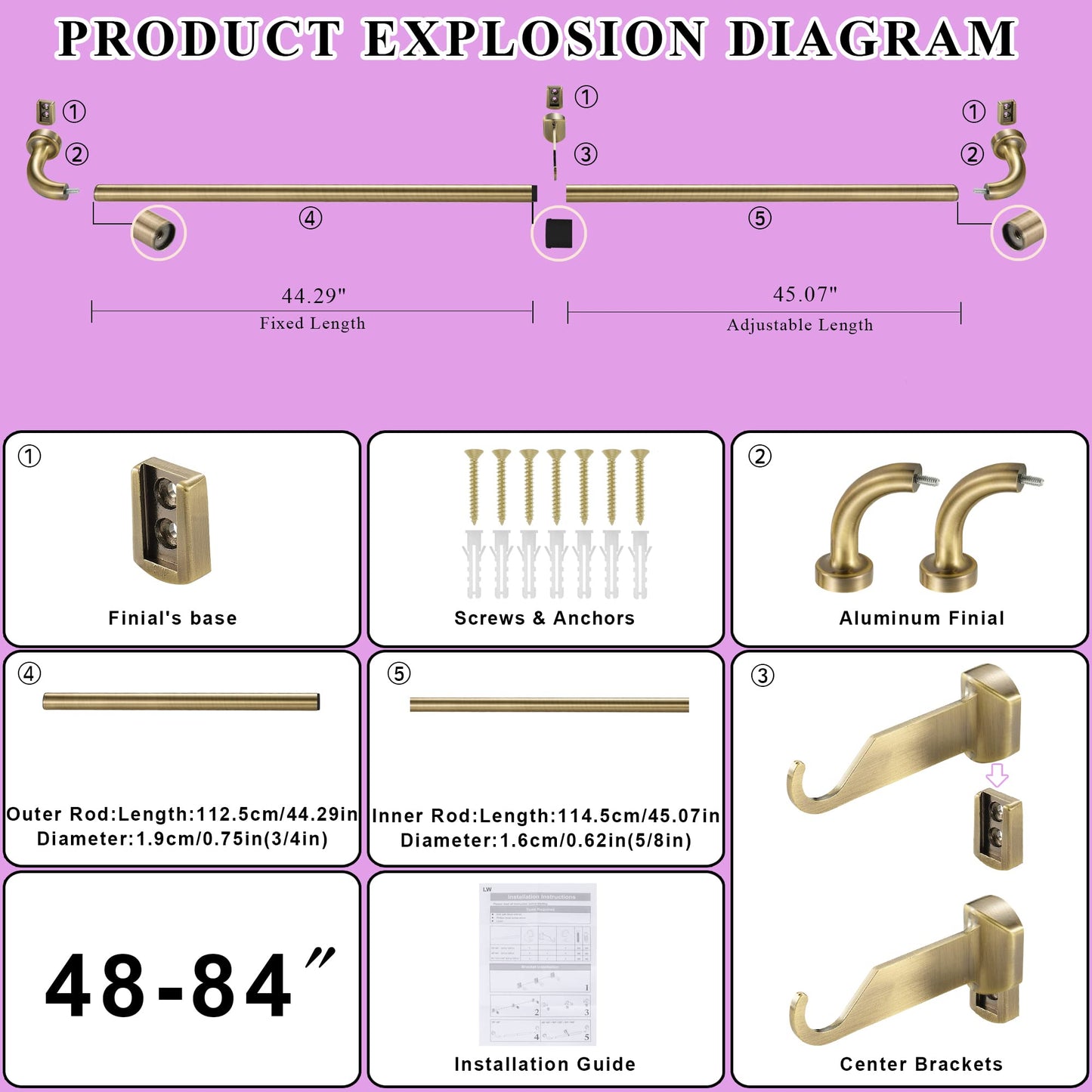 Antique Bronze Disc Curtain Rods, 48-84 Inches Window Curtain Rod,Adjustable Room Darkening Drapery Rod with Aluminum Finials and Brackets,Wrap Around Design