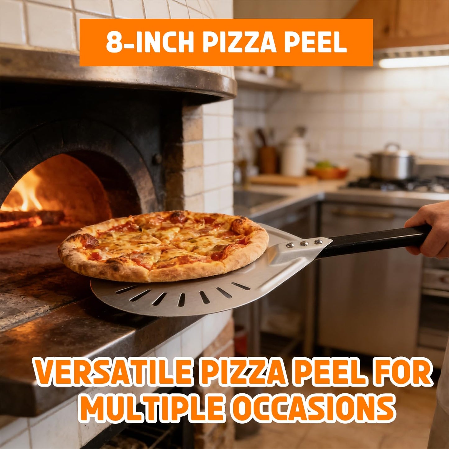 Pizza Peel and Pan Set, 6 Piece Pizza Oven Accessories, 12 Inch Metal Pizza Paddle with Foldable Wooden Handle, 8 Inch Metal Peel, Rocker Cutter, Server, Stainless Steel Plates and Tongs