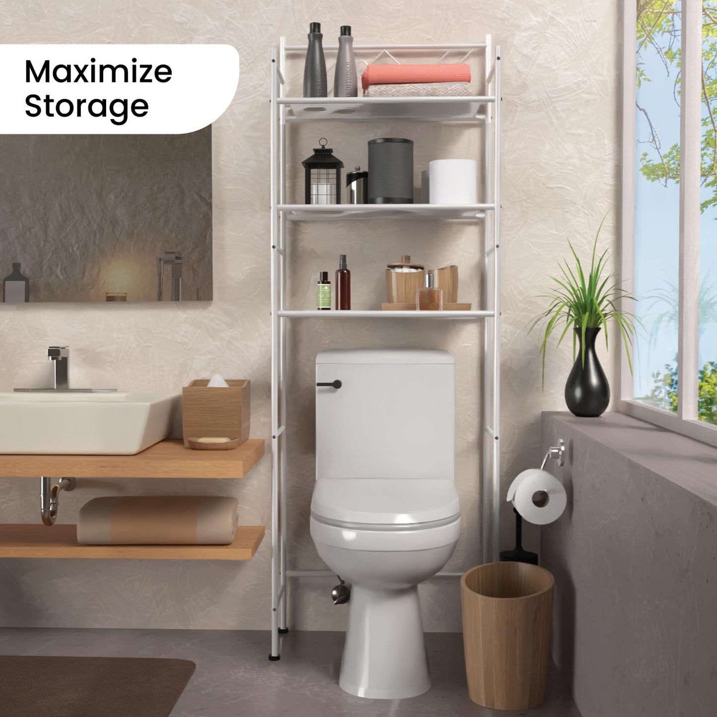 Home Zone Living Over-the-Toilet Bathroom Storage Organizer with 3-Tier Shelves and Adjustable Feet, Freestanding Steel Frame Design, White