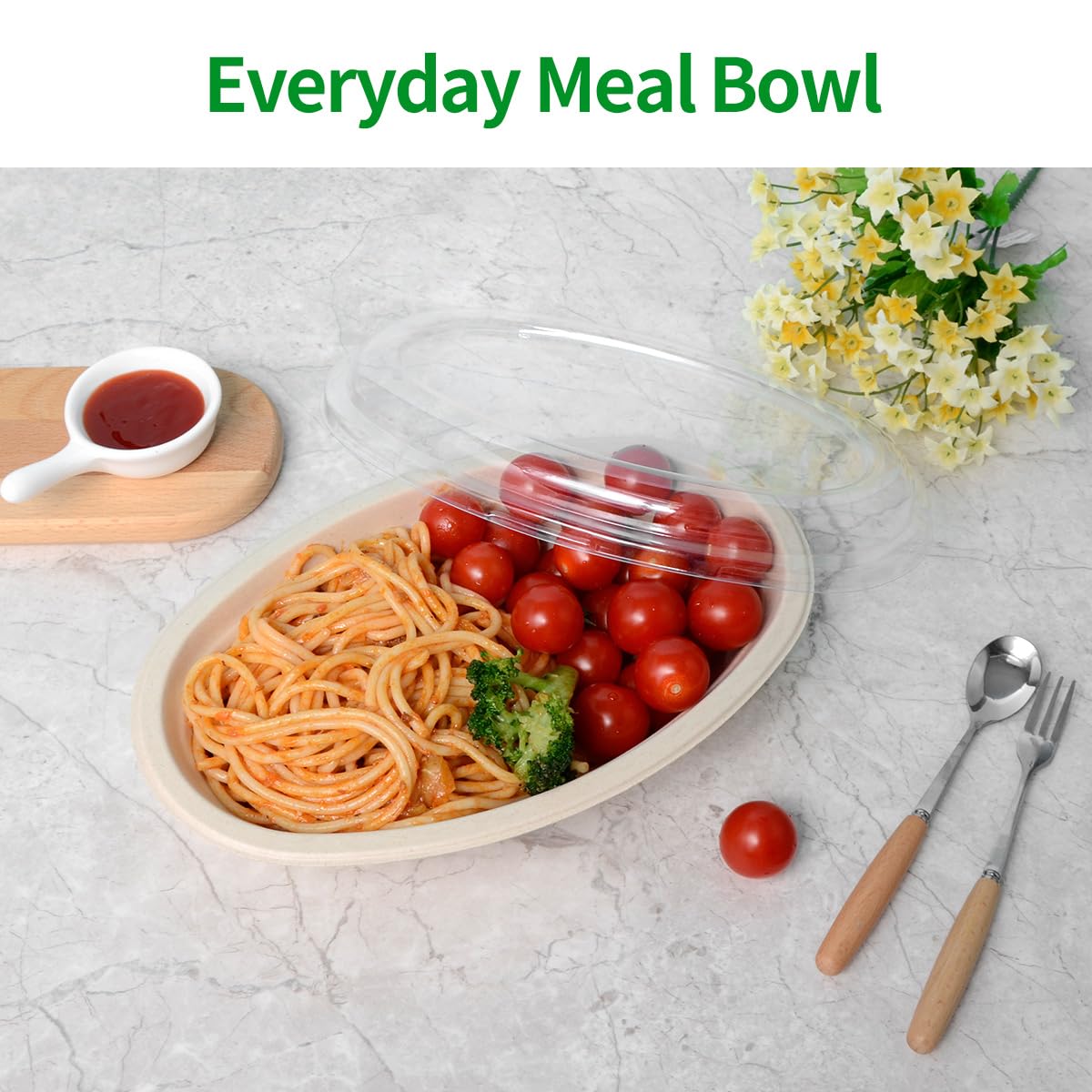 bloomoon 28 oz Oval Disposable Food Containers with Lids 50 Pack,Chipotle Style Bowl Oval with Lid Meal Prep Containers Disposable for Salad,Nacho,Taco,Lunch (50 Bowls 50 Lids)