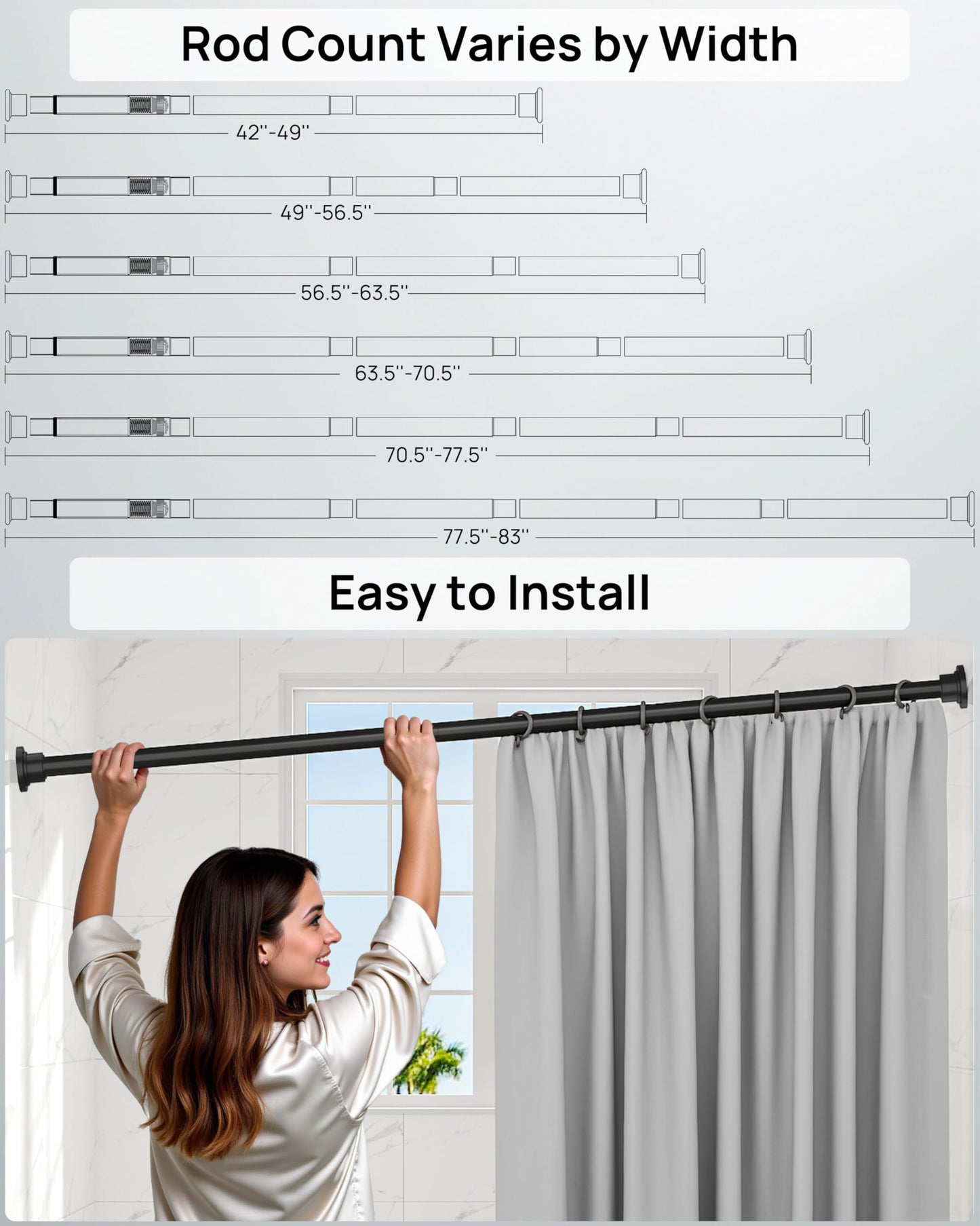 ALLZONE Heavy Duty Tension Shower Curtain Rod 42-83 Inches for Bathroom, Window, Non-Slip, Adjustable with Strong Spring Pole for Closet, Doorway, No Rust, No Drilling, Black