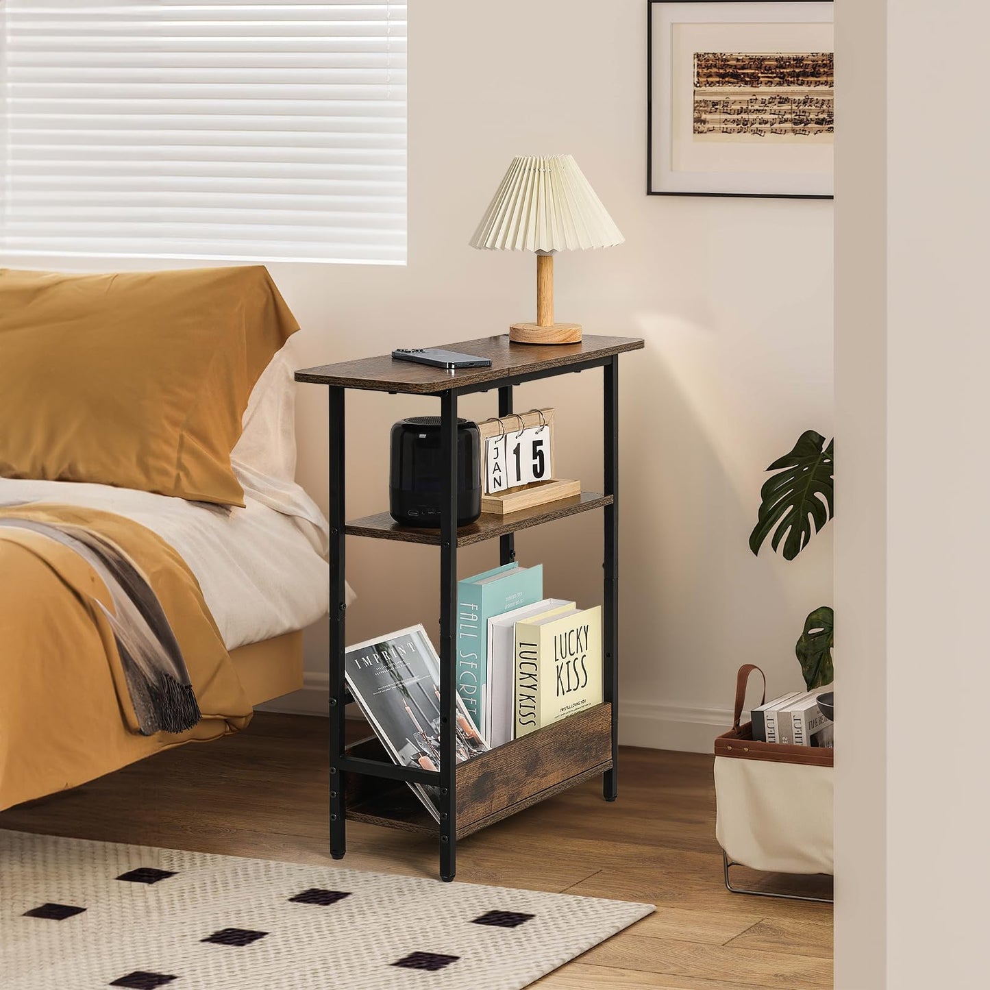Tedheve Narrow Side Table for Small Spaces, 3-Tier Small End Table with Storage Shelf and Magazine Holder, Slim and Skinny Nightstand for Bedroom, Living Room Sofa Table for Space Saving, Brown
