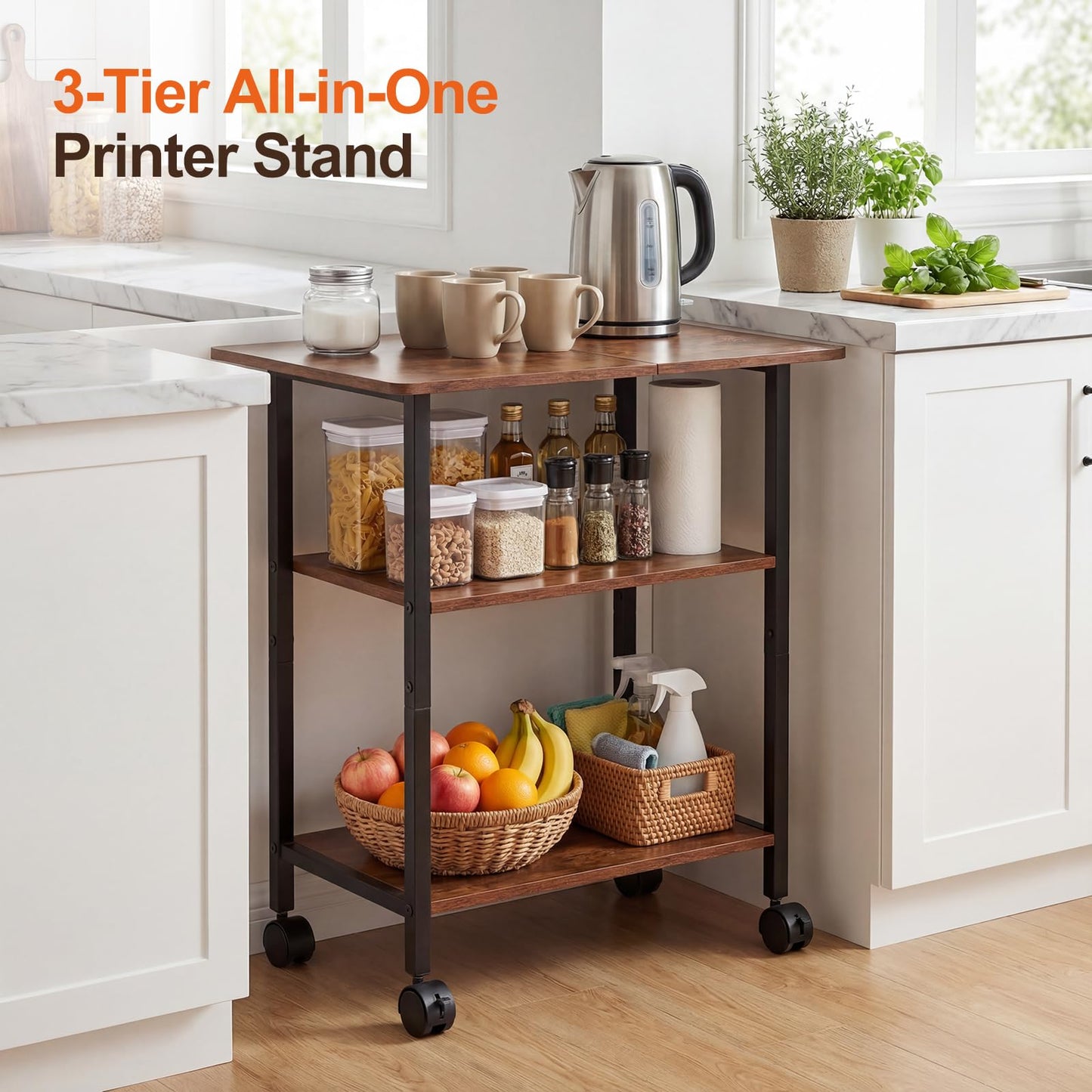 King Oasis 3-Tier Printer Stand with Wheels, Industrial Mobile Printer Cart with Storage Shelf for Home Office Organization, 3D Printer, Side Table for Living Room, Bedroom, Rustic Brown