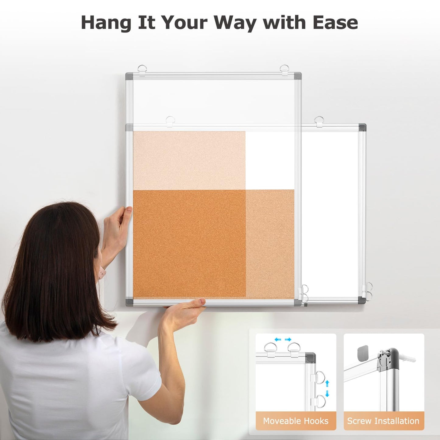 WALGLASS Combination Magnetic Whiteboard & Corkboard, 36"x24" Combo for School, Office & Home, Dry Erase Board with Removable Tray, Pins, Eraser, Markers & Magnets