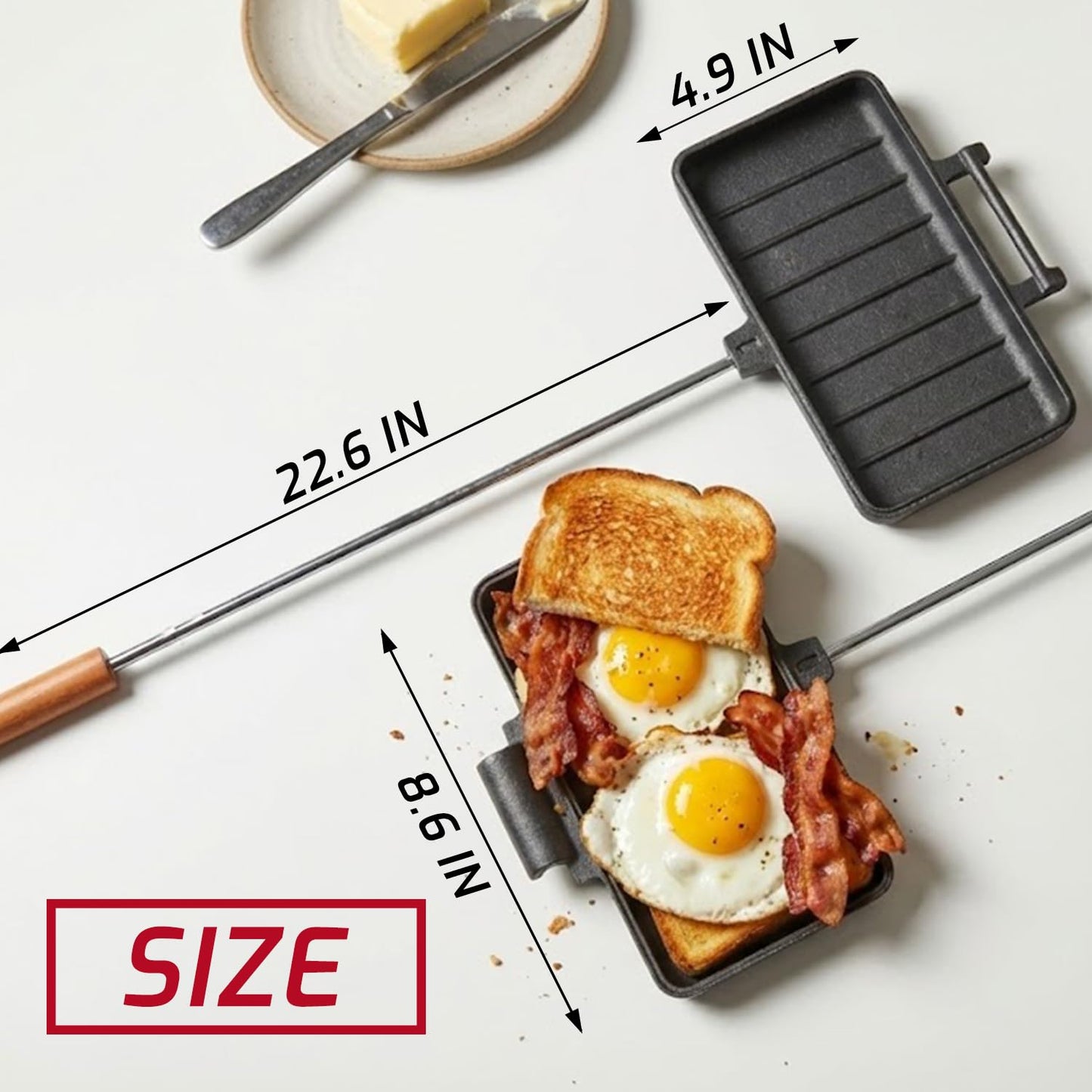 IPROUDER Campfire Pie Iron 4.9" & 8.6" Large Cast Iron Sandwich Maker for Camping 2 Pcs with Storage Bag - 22.6 inch Thickened Handles - Campfire Cooking Equipment for Grilling & Outdoor Cooking