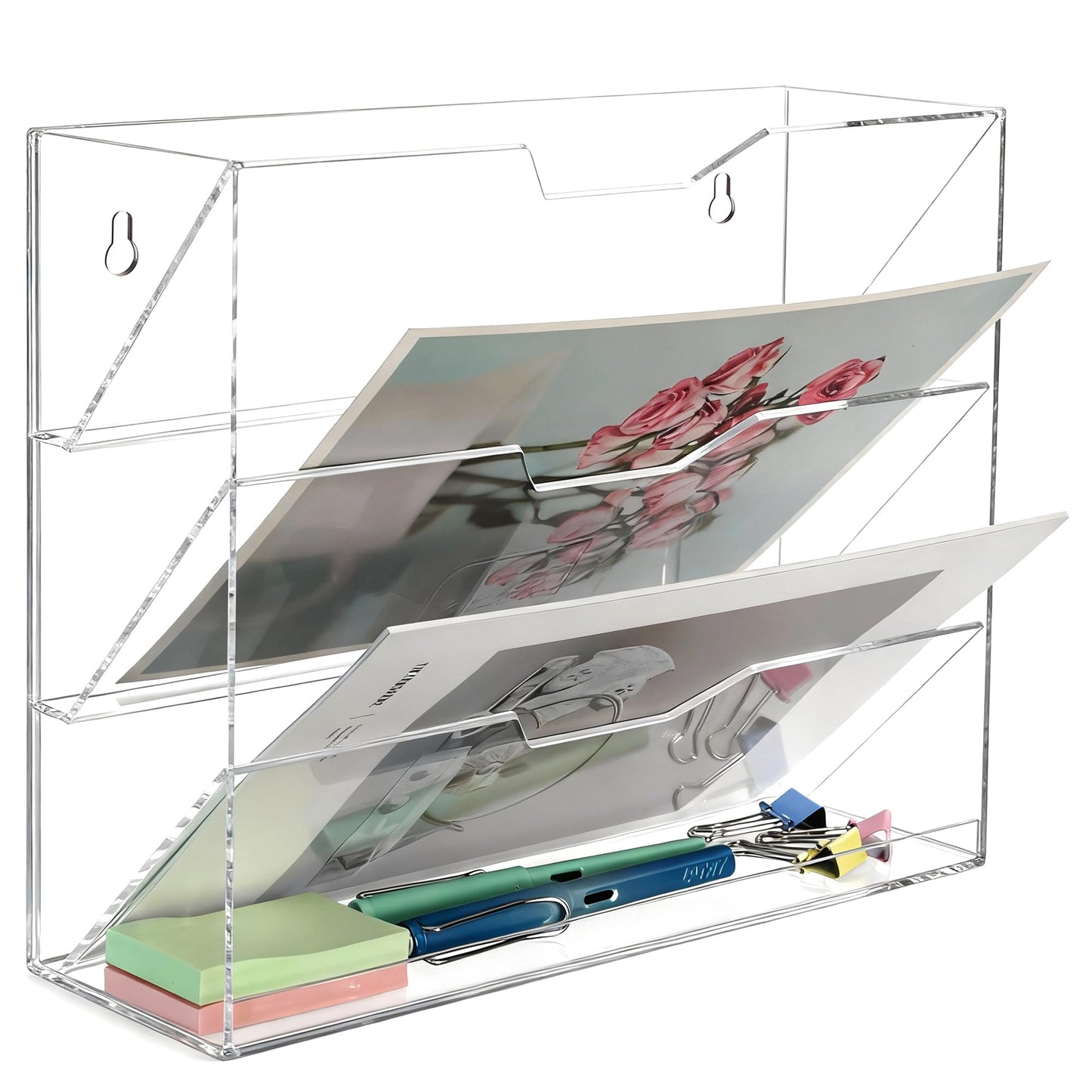 Aphbrada Hanging Wall File Organizer with 4 Pocket Tier - Acrylic Vertical Mail File Folder Holder Wall Mount Mail Magazine Rack with Bottom Tray for Office Home Countertop, Clear