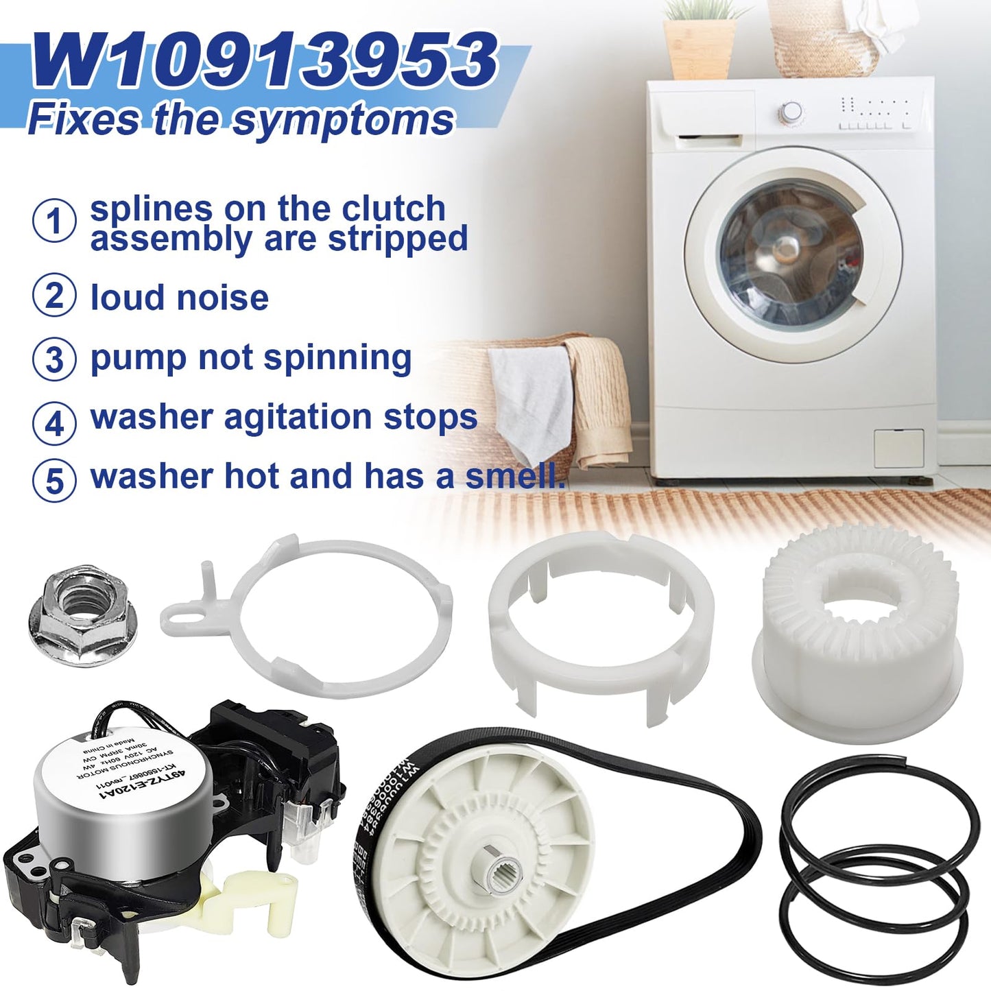 W10913953 Washer Shift Actuator W10721967 Pulley Clutch W10006384 Drive Belt Kit Compatible with Whirlpool Kenmore Maytag Amana Washing Machine Replaces W10815026 W10597177 49tyz-e120a1