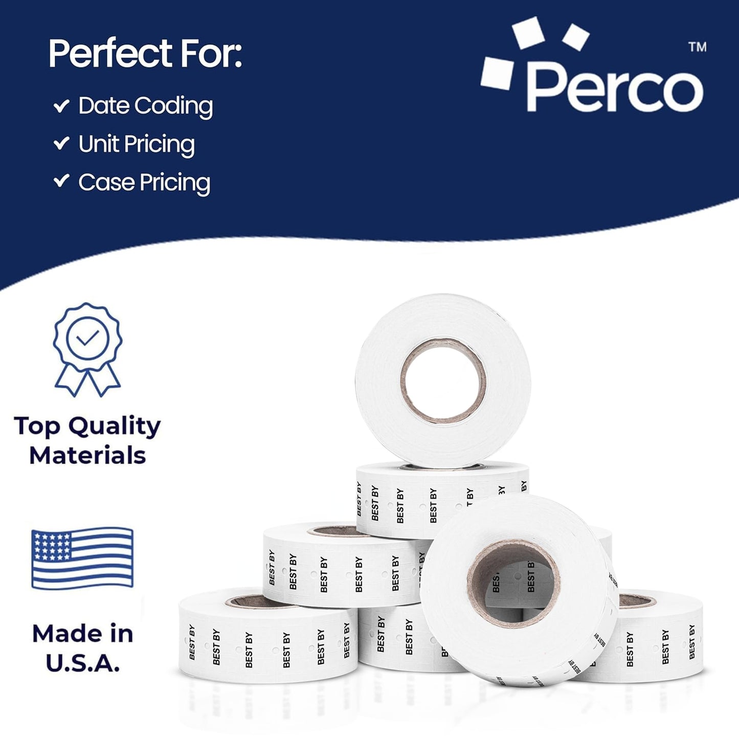 Perco 1 Line Best BY Labels - 8,000 "Best BY Labels for Perco Lite, X, Plus and Pro 1 Line Date Guns - 8 Rolls, 1 Sleeve - Made in USA