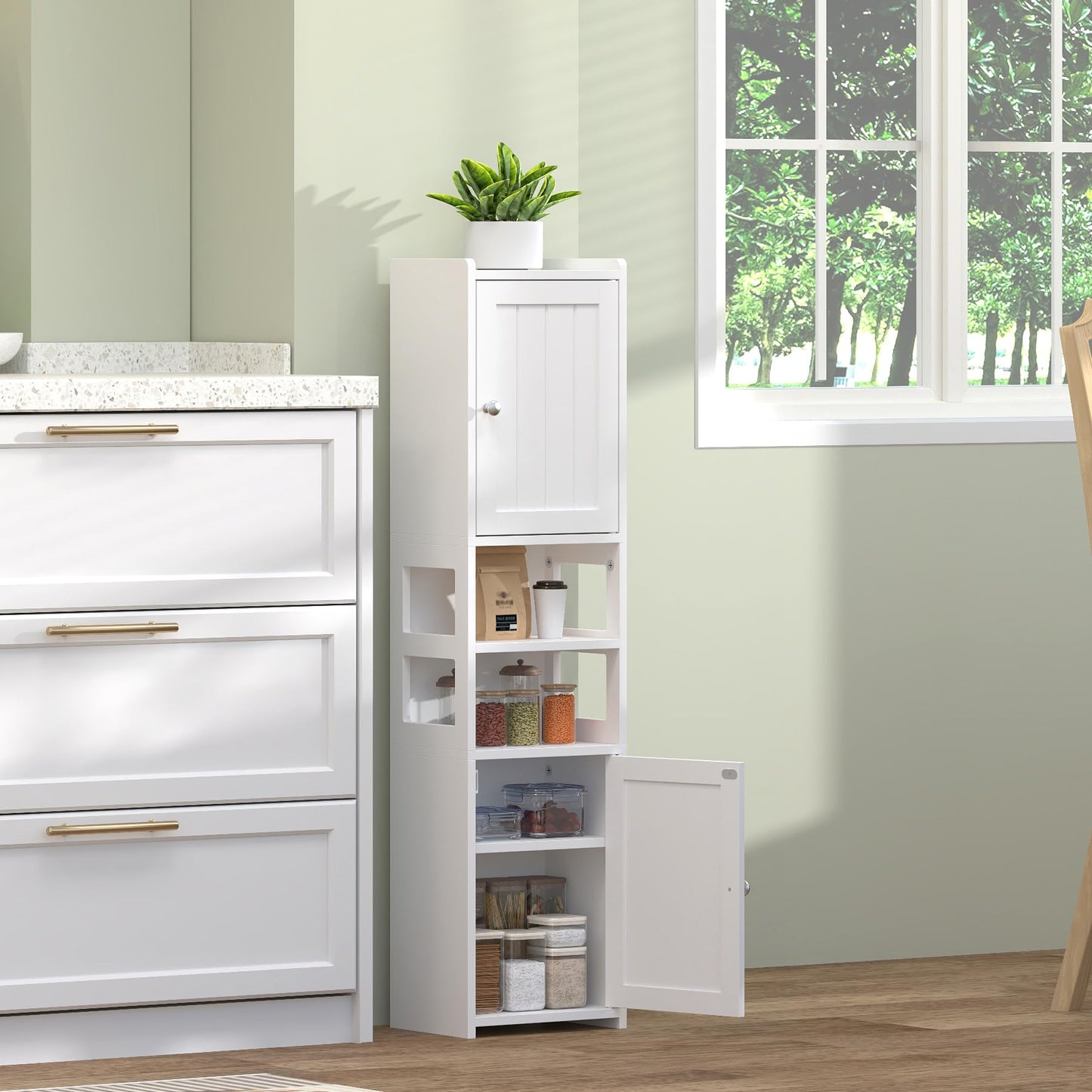 TidyHaven 39" Small Bathroom Storage Cabinet, Narrow Corner Floor Cabinet with Doors & Adjustable Shelf, Slim Skinny Design for Bathroom, Kitchen, Living Room (White)