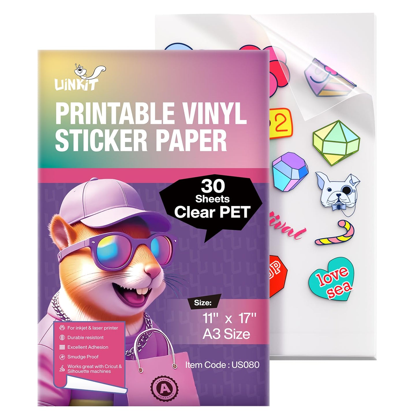 Uinkit 100% Clear Printable Vinyl Sticker Paper - Menu Size (11"x17") | Vivid Colors, Self-Adhesive, Non-Waterproof 30 Sheets Labels for Professional Product Packaging, Glass Jars & Custom DIY