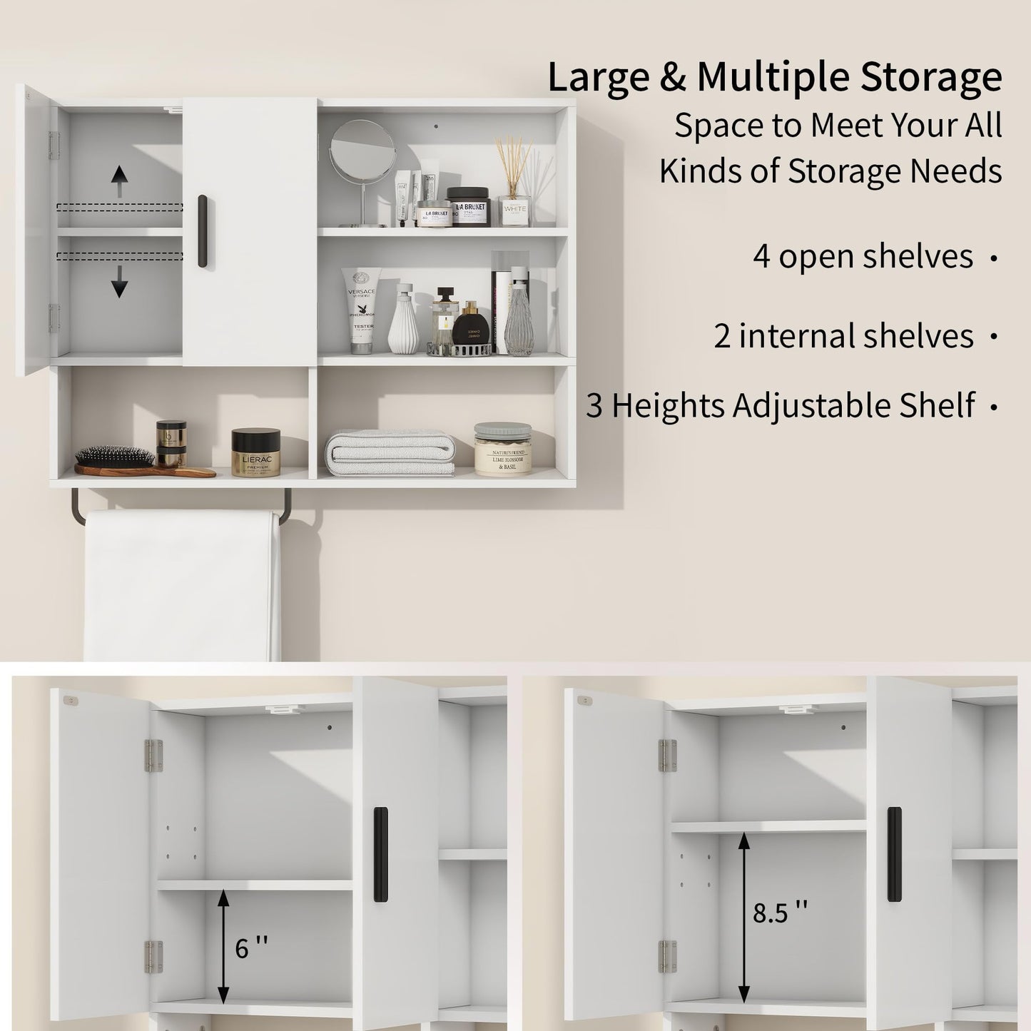 Vavkorkula Medicine Cabinet, Wooden Bathroom Wall Cabinet with 2 Doors, Adjustable Shelves & Towel Bar, Over Toilet Storage Cabinet Wall Mounted for Kitchen & Laundry, White