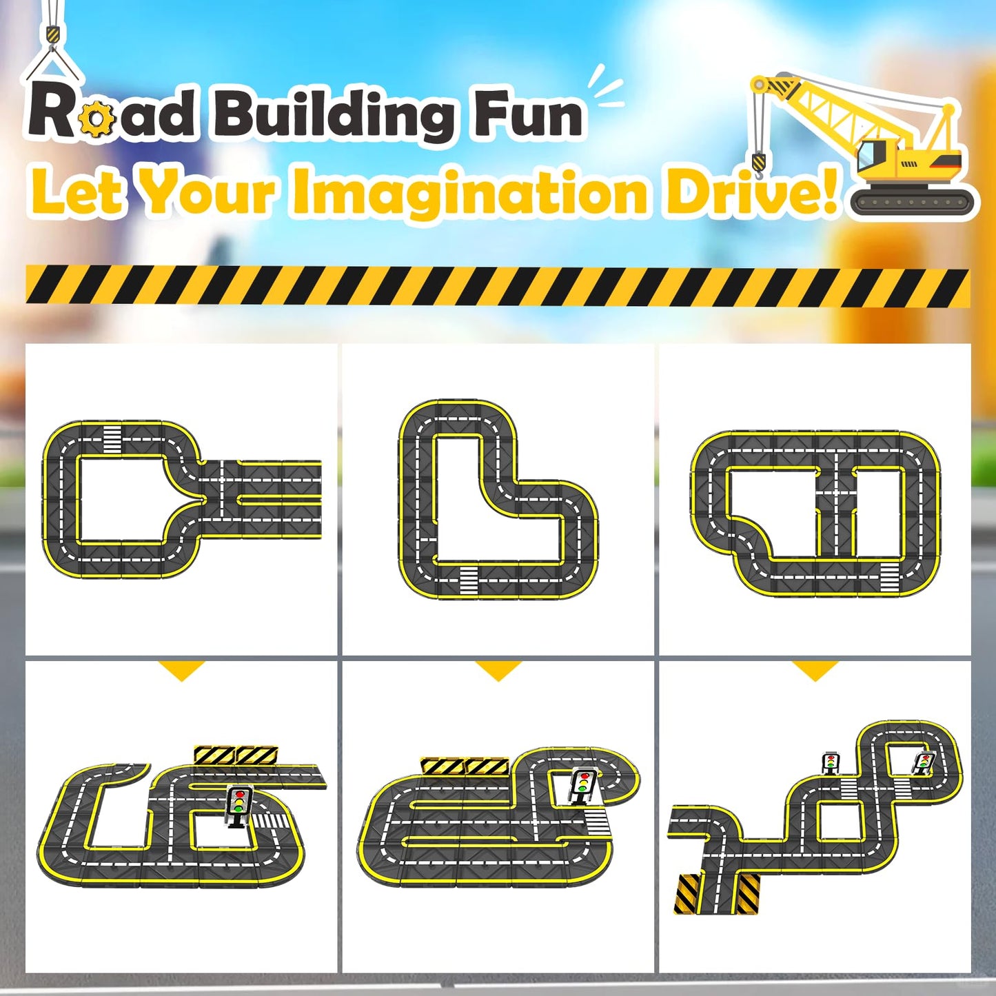 100 PCS Magnetic Tiles Road Set with 3 Cranes & 2 Cars - Magnetic Blocks City Construction Building Toys for 3+ Year Old Boys Girls Ideal Preschool Learning Outdoor Creative Toddler Kids Toys