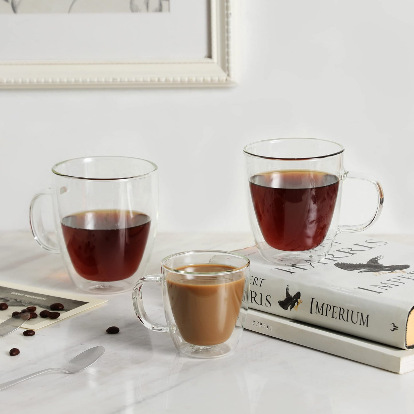 CNGLASS Glass Coffee Mugs 12oz,Double Walled Insulated Cappuccino Mug with Handle,Clear Espresso Cups for Cappuccino,Latte,Tea Bags,Hot and Cold Beverages,Set of 4