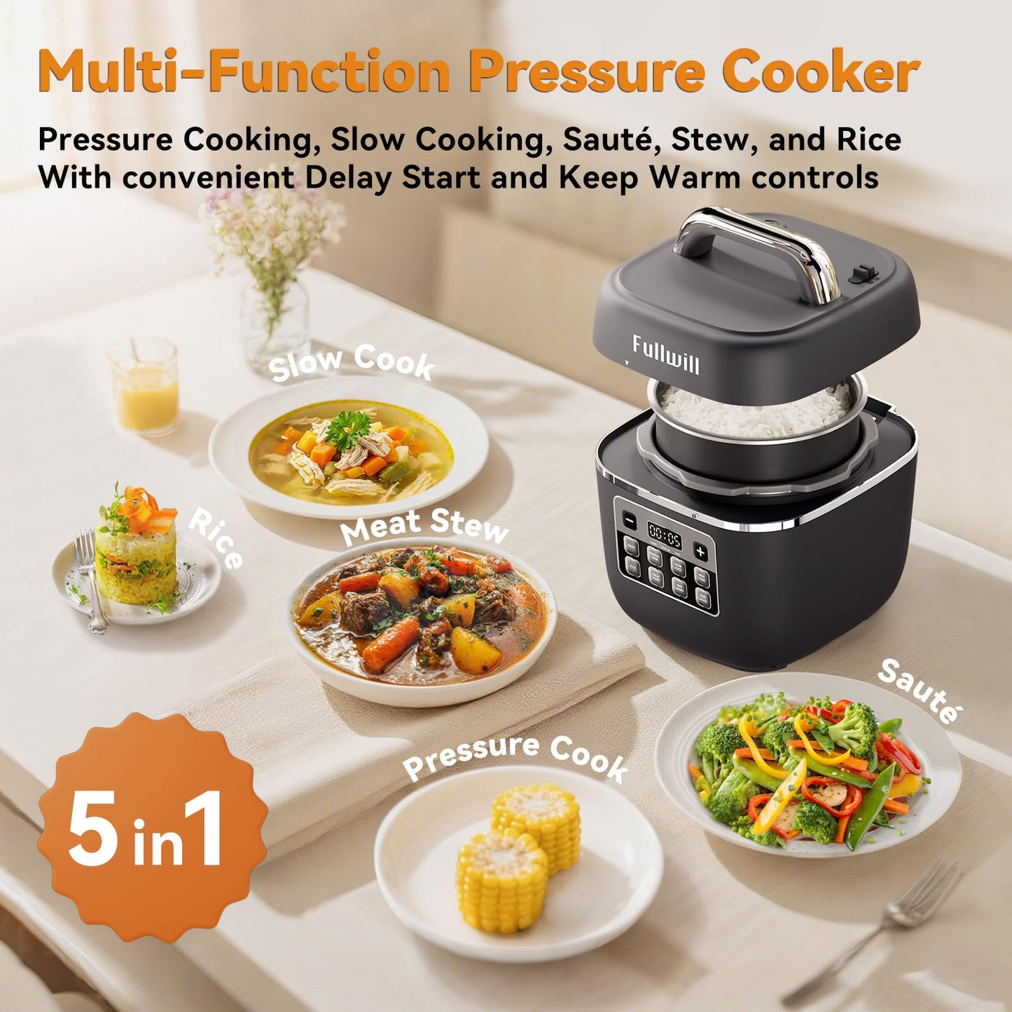 Fullwill Electric Pressure Cooker Lite, Slow Cooker, Rice, Sauté, Warmer, Olla de Presion Nonstick Pot 3 Quarts