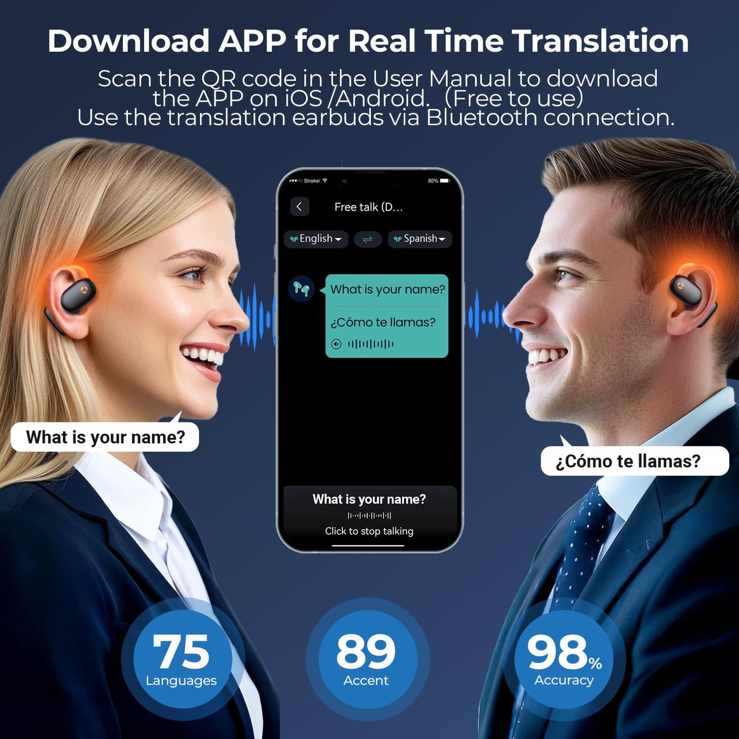 occiam AI Translation Earbuds Real Time, 164 Language Translator Device with No Subscription, Simultaneous Interpretation for Face-to-Face, Photo/Audio/Video Translating Headphone Matte Black