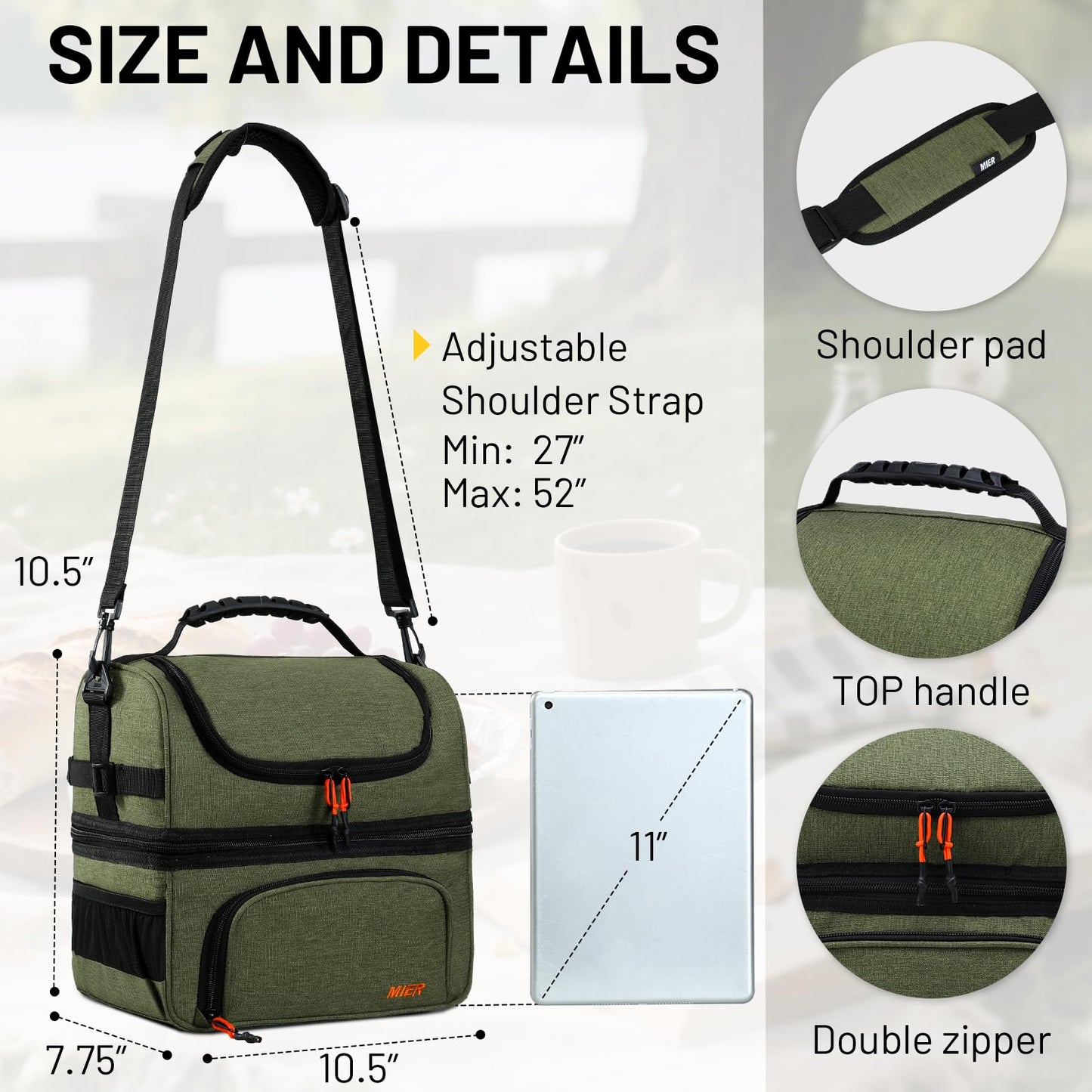 MIER Dual Compartment Lunch Bag Tote with Shoulder Strap for Men and Women Insulated Leakproof Cooler Bag, Army Green