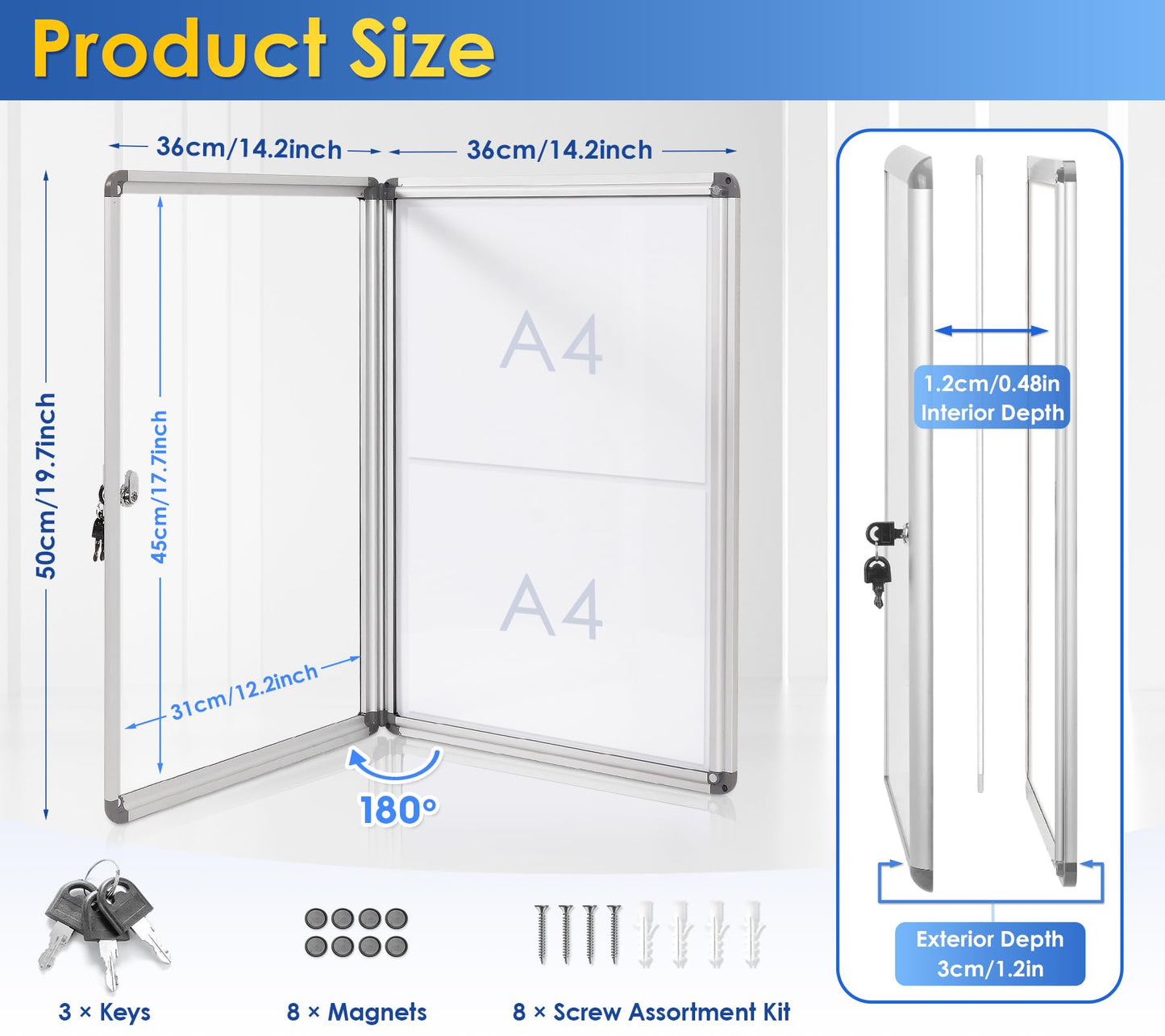 SWANCROWN Enclosed Bulletin Board 20x14 in Lockable Magnetic White Board Wall Display Case, Aluminium Frame, 2xA4