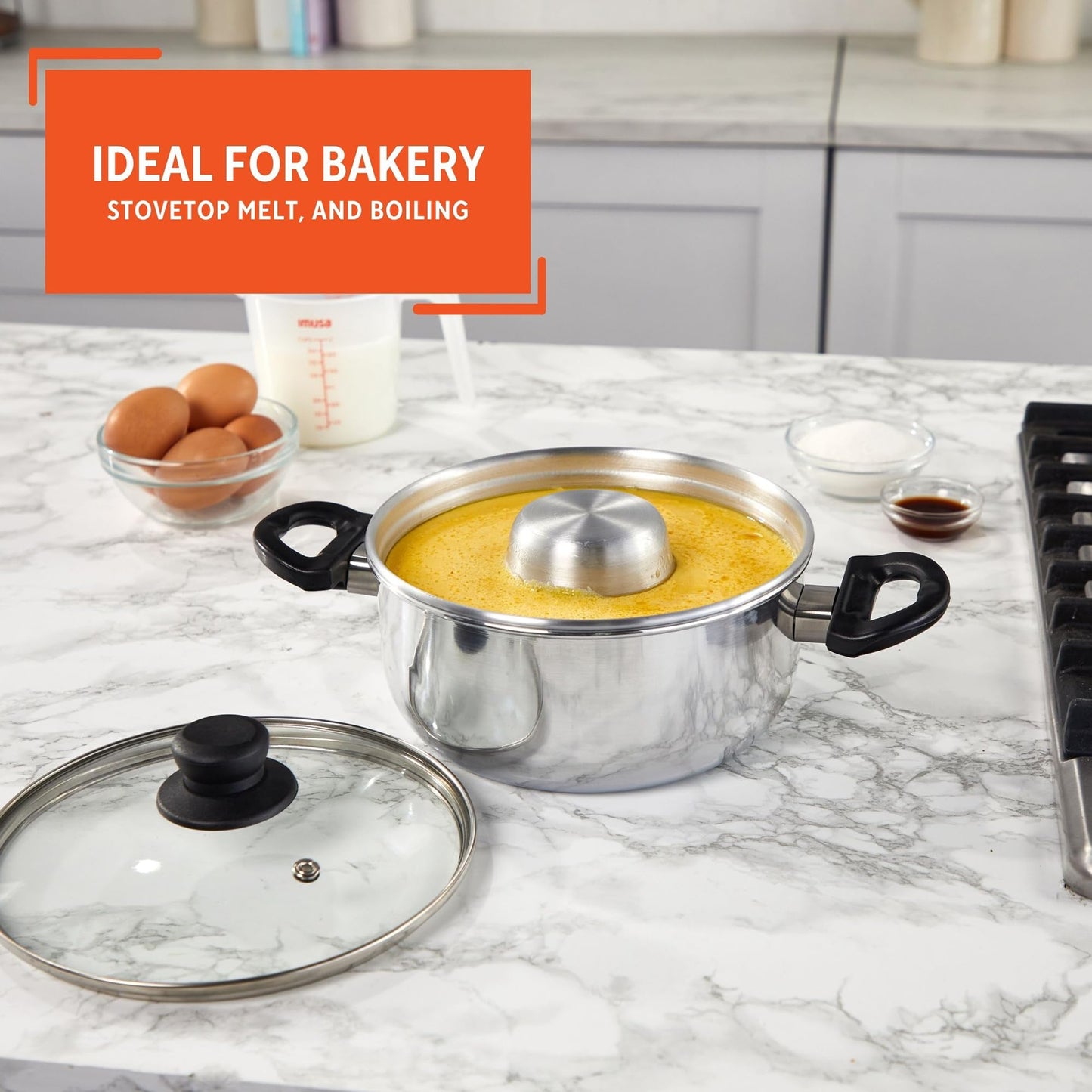 IMUSA 8in Small Aluminum Flan Double Boiler Baño Maria with Lid, 3Qt Dessert Pot for Flan, Custards, Pudding and Traditional Latin Recipes