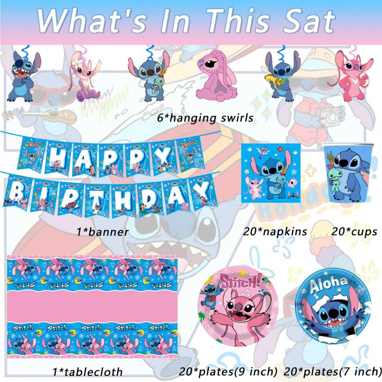 88PCS For Stitch Party Supplies: 6 Hanging Swirls, 20 Napkins, 20 Cups, 20 Plates （9 inch）， 20 Plates 7（ inch）, 1 Banner, 1 Tablecloth for Stitch Birthday Party Decorations