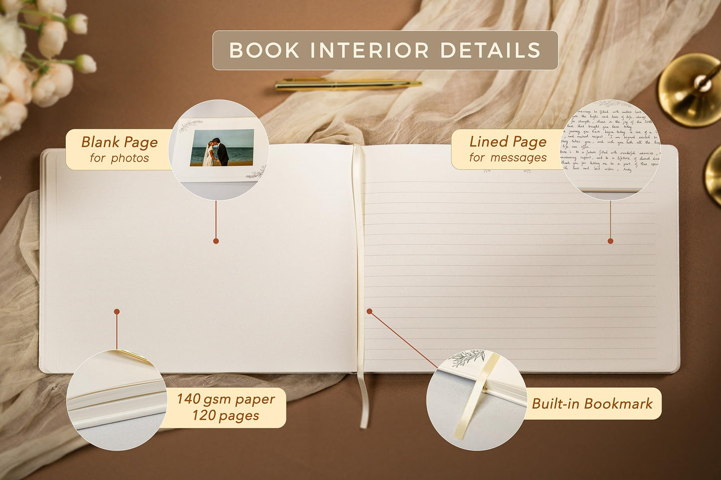Modern Album Designs Floral Embossed Wedding Guest Book Set - 9 x 7.5 Hardcover Guestbook for Wedding Reception Sign in, Messages, Bridal Shower Engagement Party (White Cream)