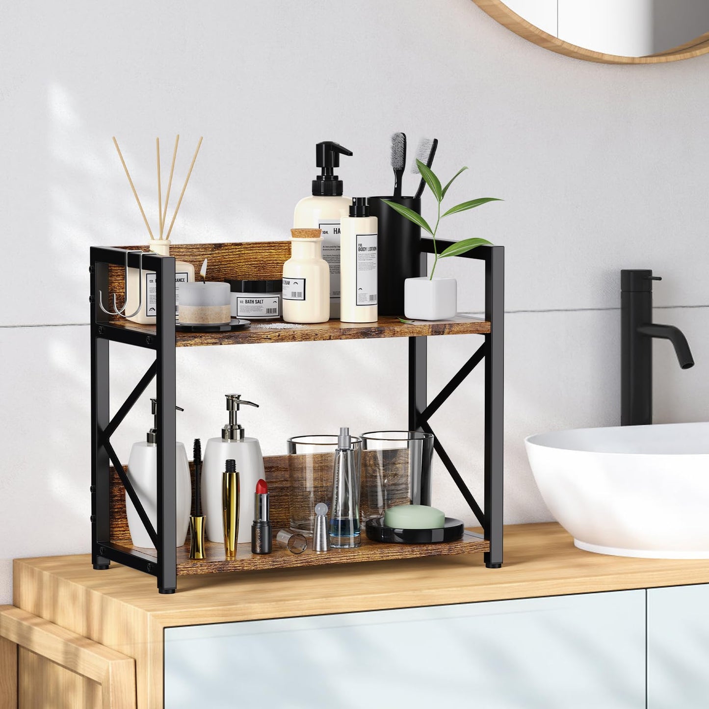 RUILALIFE Coffee-Bar-Station-Organizer Shelf for Countertop, 2 Tiers Kitchen Counter Shelf Riser, Wooden Spice Rack Organizer, Coffee Bar Accessories(Rustic Brown, Large)
