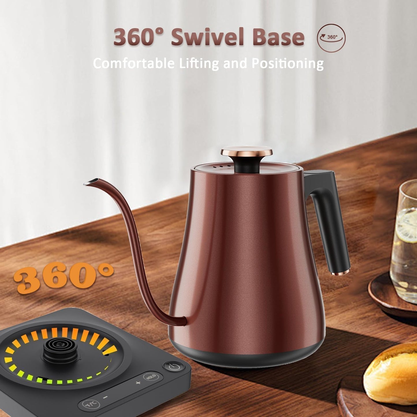 Gooseneck Electric Kettle with Temperature Control, 1.0L Pour Over Coffee Kettle, 1000W Fast Boil Tea Heater, Keep Warm Function, LED Display, 304 Stainless Steel, Vintage Copper, BPA-Free